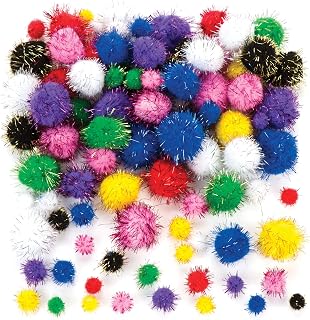 Baker Ross ET306 Multicoloured Glitter Poms Value Pack — Ideal for Kids' Arts and Crafts, Gifts, Keepsakes and More (Pack of 100), Assorted