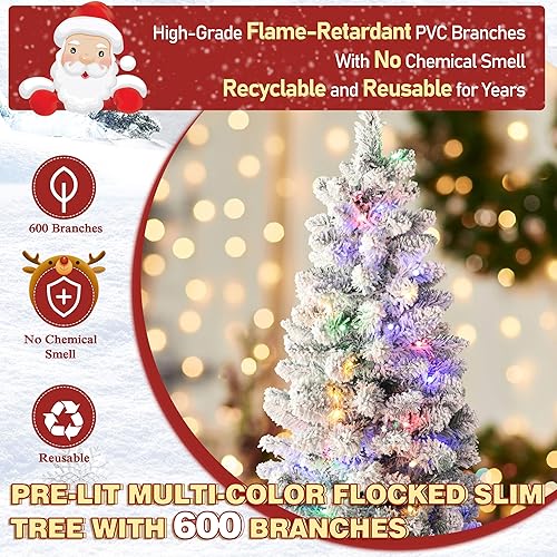 Miniatura 36 de MUPATER Árbol de Navidad artificial preiluminado de 5 pies, con nieve flocada y soporte de metal, luces blancas cálidas, decoración navideña