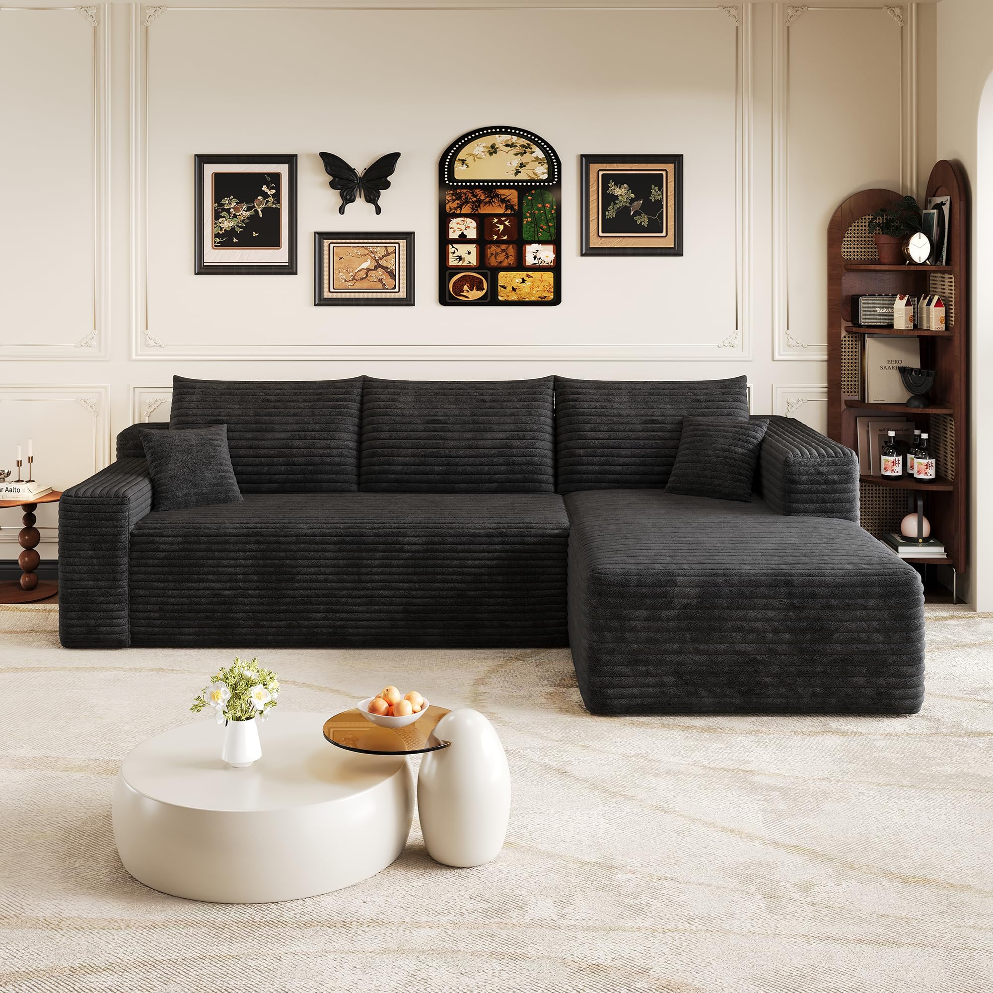 Sofá de 241 cm con diseño de nube, moderno y minimalista, asiento profundo con sección de esquina, cómodo sofá esquinero para salón, no requiere montaje, color negro