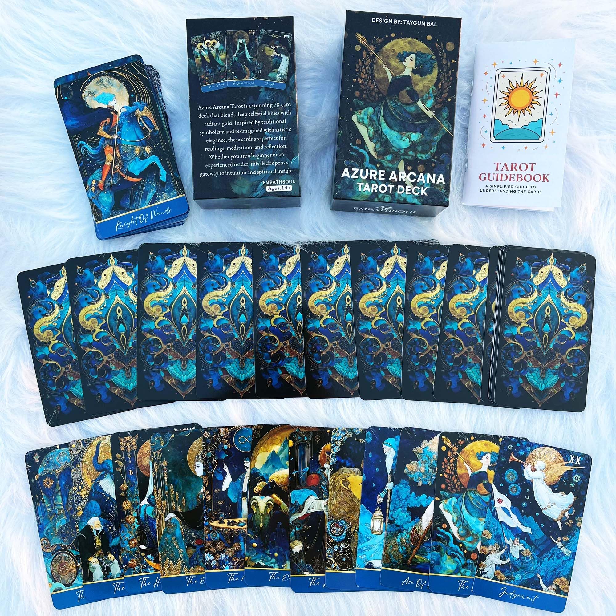Mazzo di tarocchi Azure Arcana, 78 carte dei tarocchi con guida generale, carte dei tarocchi artistiche blu e oro fantasy per principianti, strumento di divinazione per la lettura della stregoneria