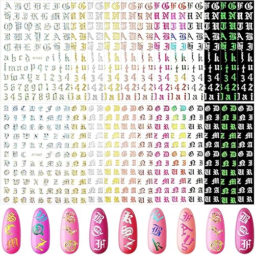 Maitys 24 hojas de letras para uñas, calcomanías de uñas inglesas antiguas, letras holográficas 3D, autoadhesivas, color dorado, alfabeto antiguo,