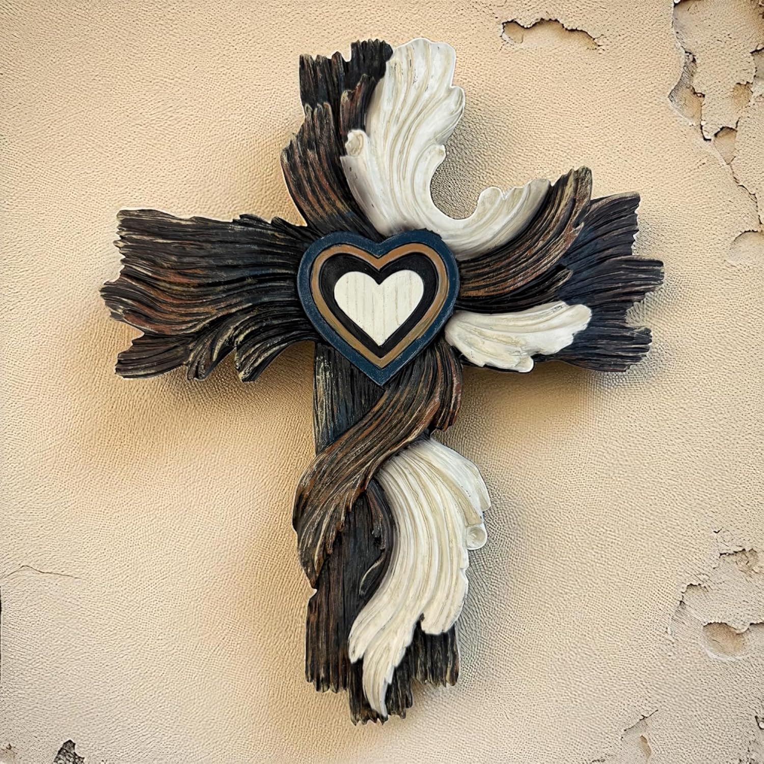 Top Brass Decorative Wall Cross with Heart Design – 11 7/8” x 9 5/8” Resin Religious Cross – Rustic Inspirational Christian Wall Art for Home, Chapel, Weddings, or Memorials