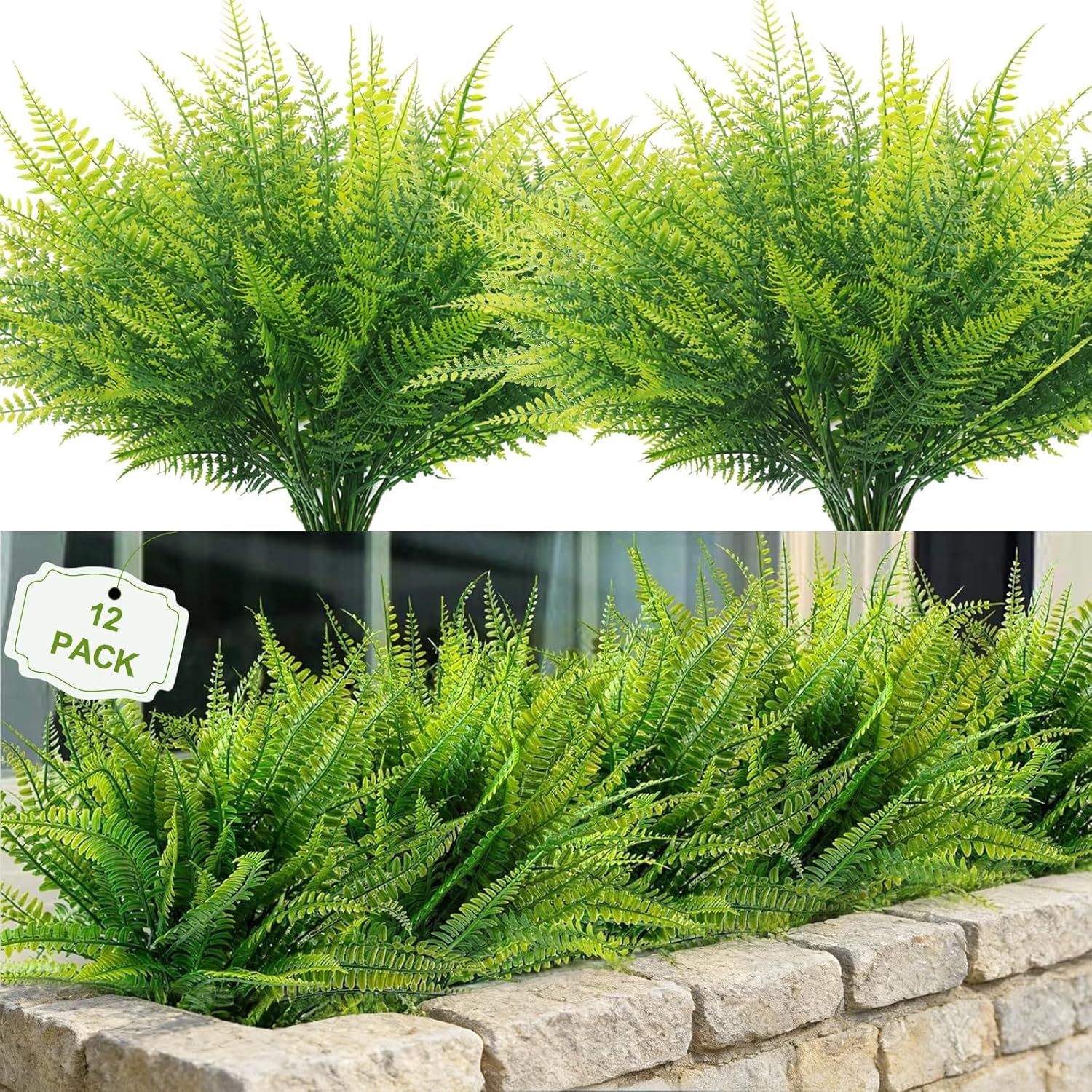 FGSAEOR 12 Bundles Artificial Boston Ferns Flowers for Outdoor Indoor, Faux Flower with Eucalyptus Leaves Fake Plants Greenery, Garden Home Decor