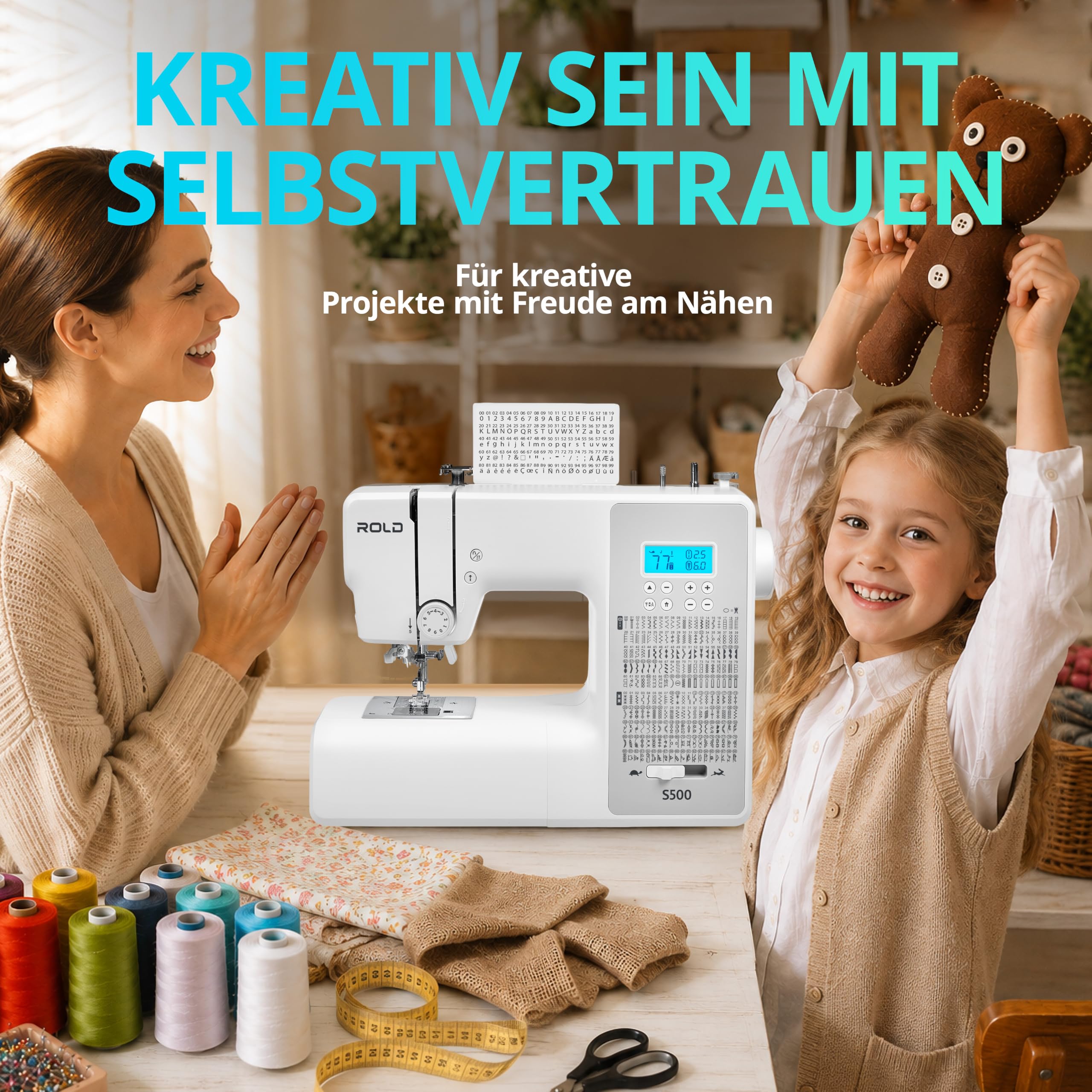 ROLD S500 Computer Nähmaschine mit 300 Stichen zum Nähen aller Arten von Stoffen | Freiarm Computer-Nähmaschinen, Einfädelautomatik (Neues Modell)