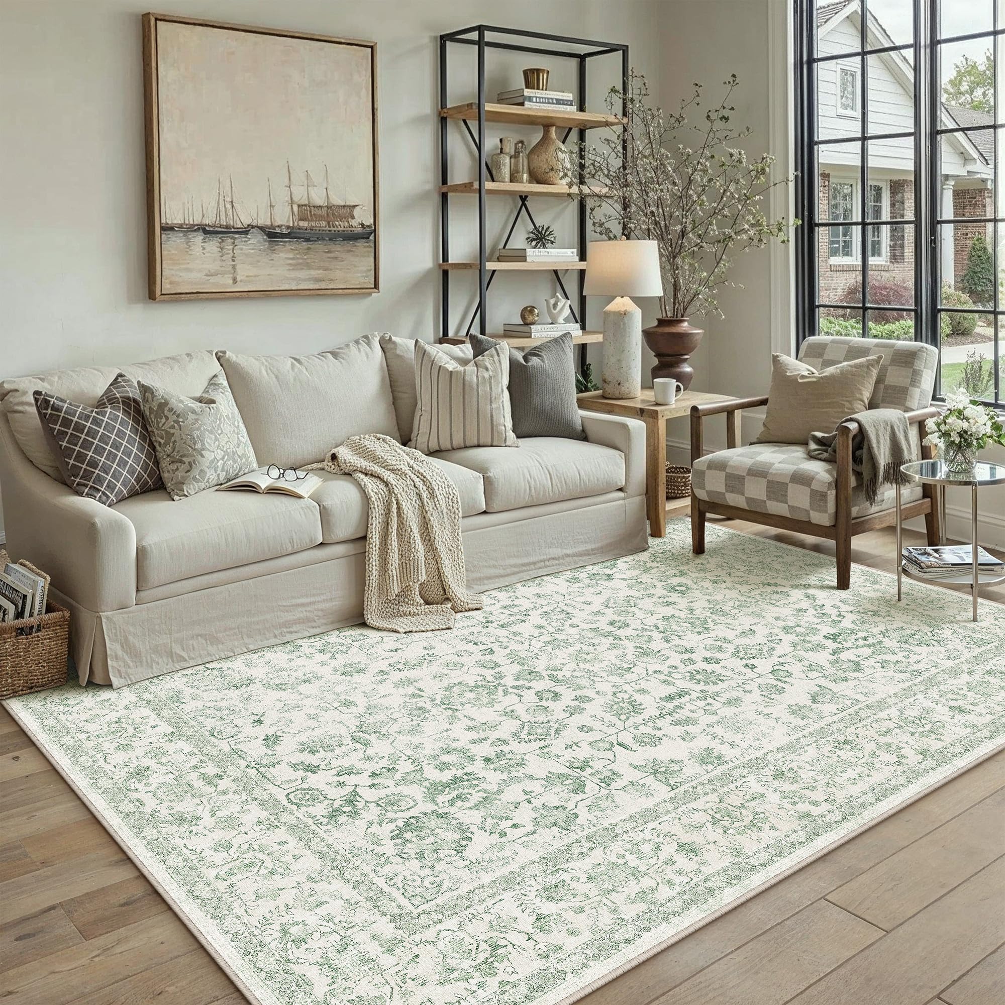 PureCozy 160x230 cm Washable Rugs Living Room Vintage Distressed Floral Area Rugs with Non-Slip Backing, Machine Washable, Lightweight Low Pile Carpet for Bedroom Office Dining Room Dorm,Green