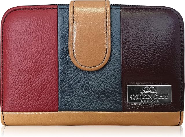Quenchy London Real Leather Purse RFID and NFC Blocking with 2 Zipped Coin Sections, 5 Coin Trays, 6 Credit Debit Cards Spaces Slots 14cm x10 x3 QL841M