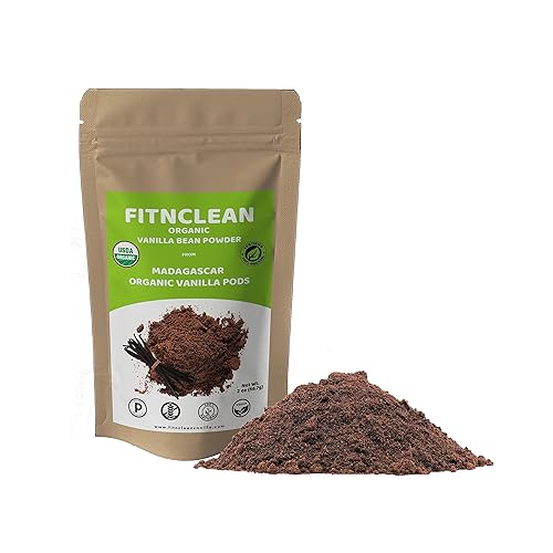FITNCLEAN VANILLA - Polvo orgánico de vainilla de Madagascar de 2 onzas. Certificado orgánico USDA. Sin aditivos naturales sin azúcar. Cápsulas