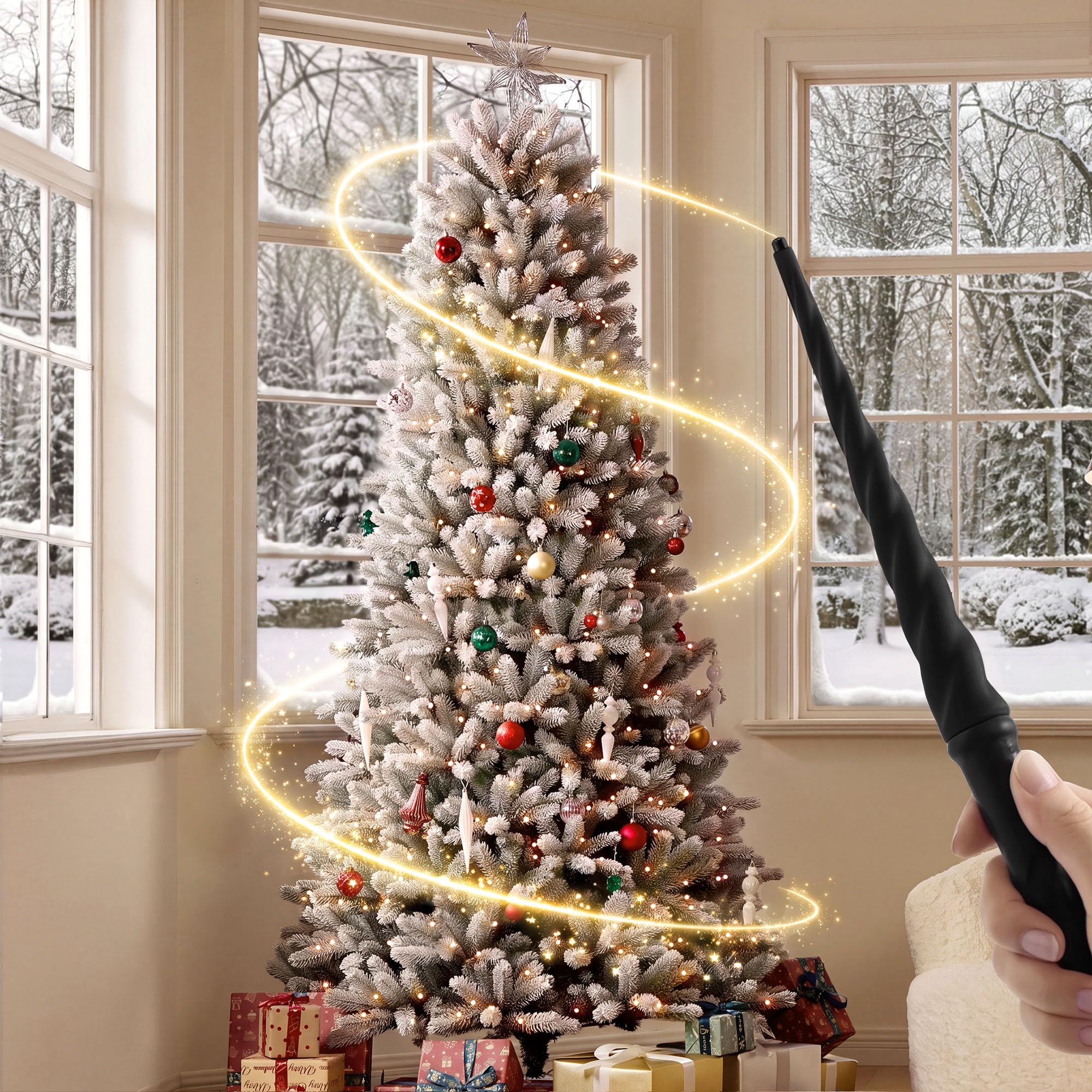 HERNEST 7.5ft Pre-Lit Flocked Artificial Christmas Tree with Wand &amp; Remote