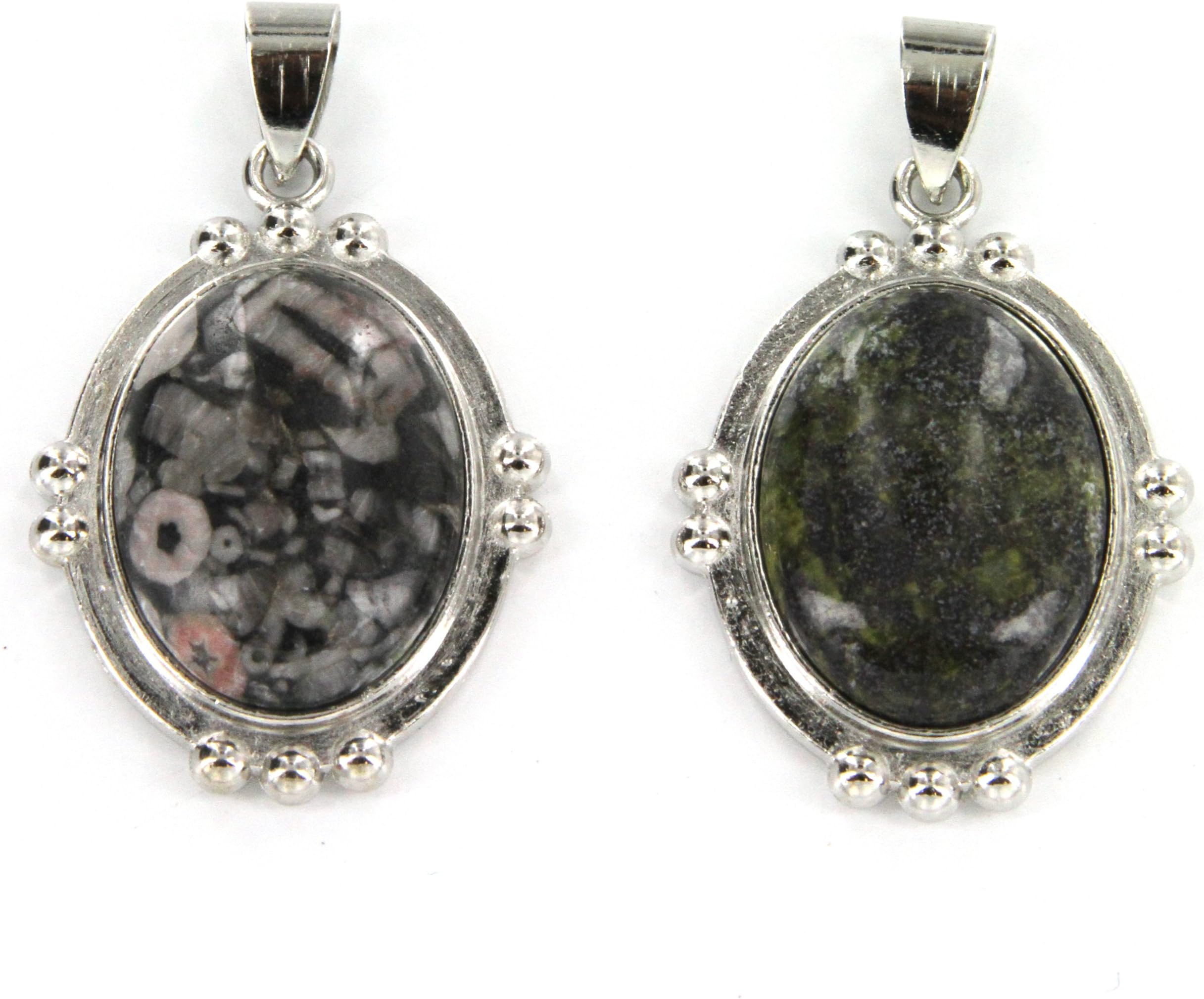 Semi Precious Stone Pendant Set in Oval Design - Dragon Blood Jasper, Insect Fossil Jasper - Set of 2