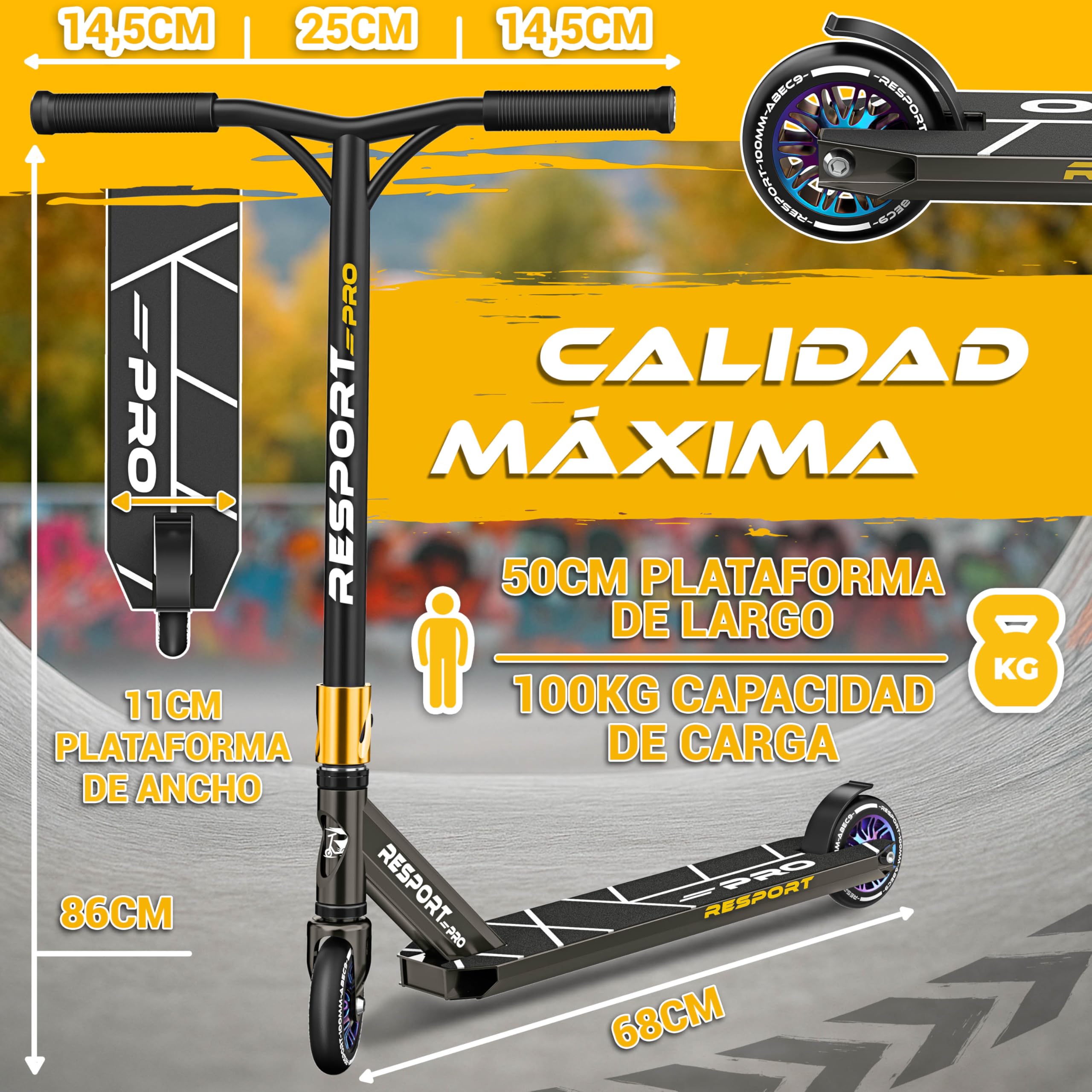 RE:SPORT Patinete de acrobacias Revo Pro para niños y adultos con soporte, patinete profesional de 110 mm, ruedas de poliuretano y barra en Y, patinete de acrobacias, patinete ABEC 9, rodamientos de