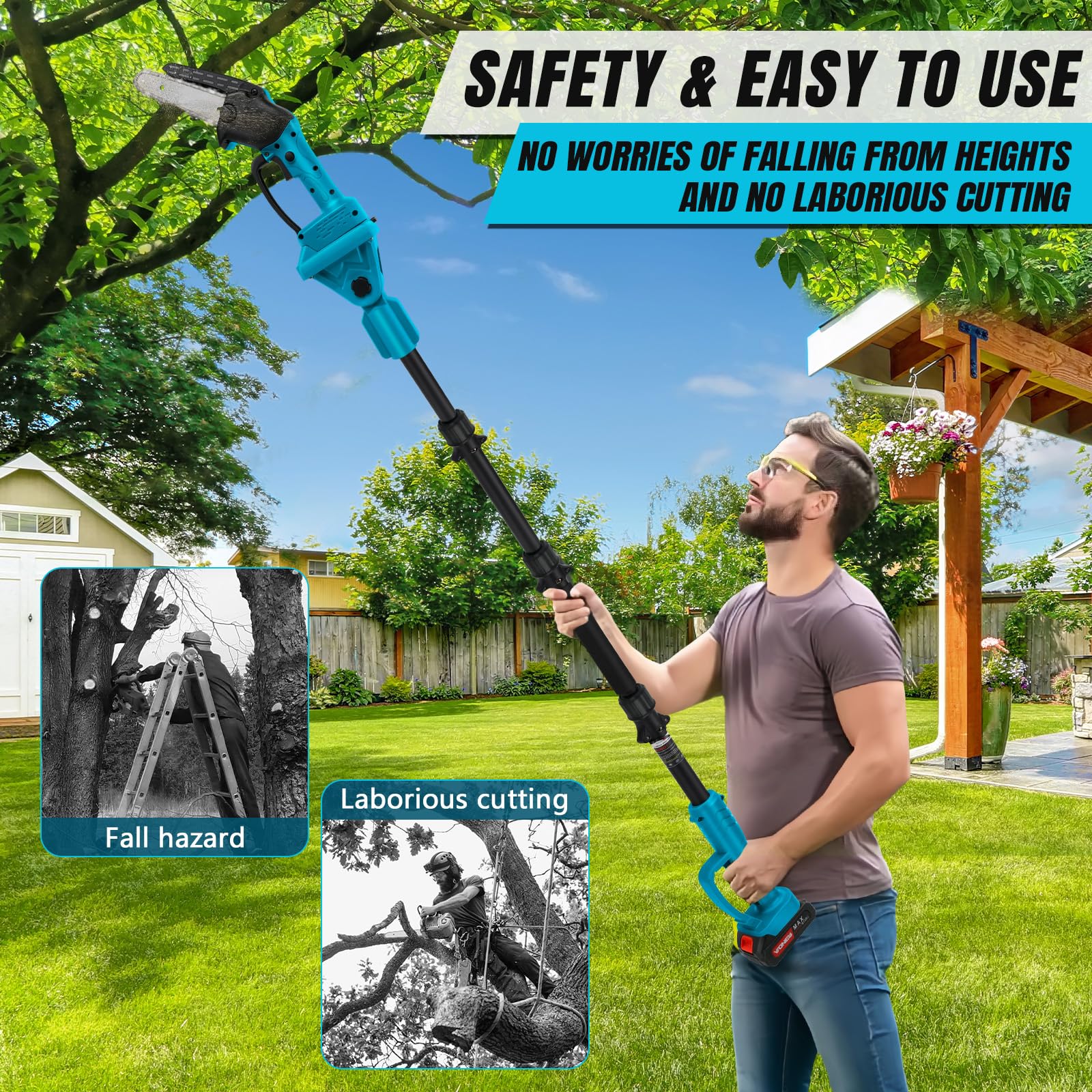 2 in 1 Akku Hochentaster, 6 Zoll Mini Astsäge Akku Astschere mit 2X 4,0Ah Akku, Bürstenlose Teleskop Kettensäge für Makita 18V Akku, Geeignet für den Baumpflege