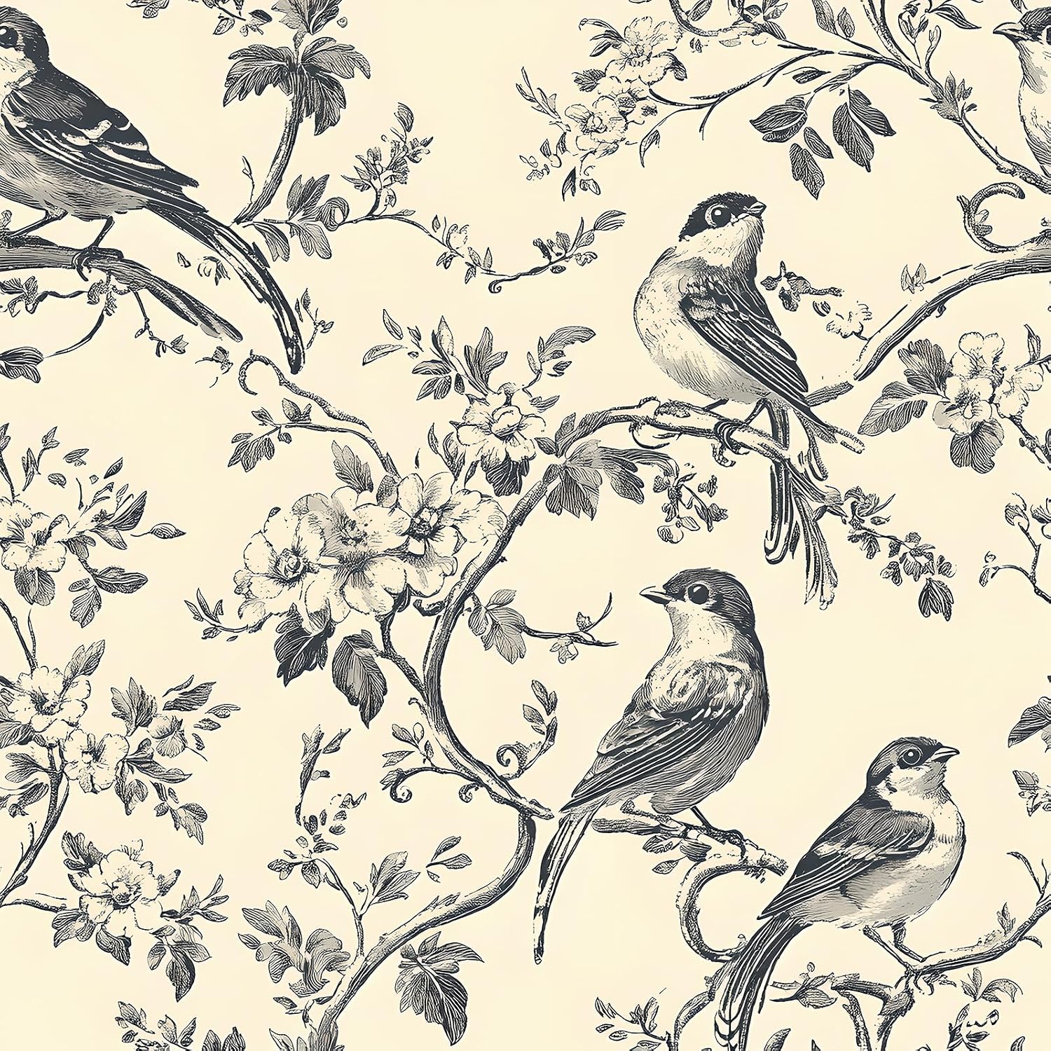 Stickyart Neutral Cream Black Bird Floral Wallpaper Peel and Stick 17.5"x276" Victorian Vintage Chinoiserie Botanical Wallpaper Bird Branch Contact Paper French Country Toile Wall Paper for Bedroom