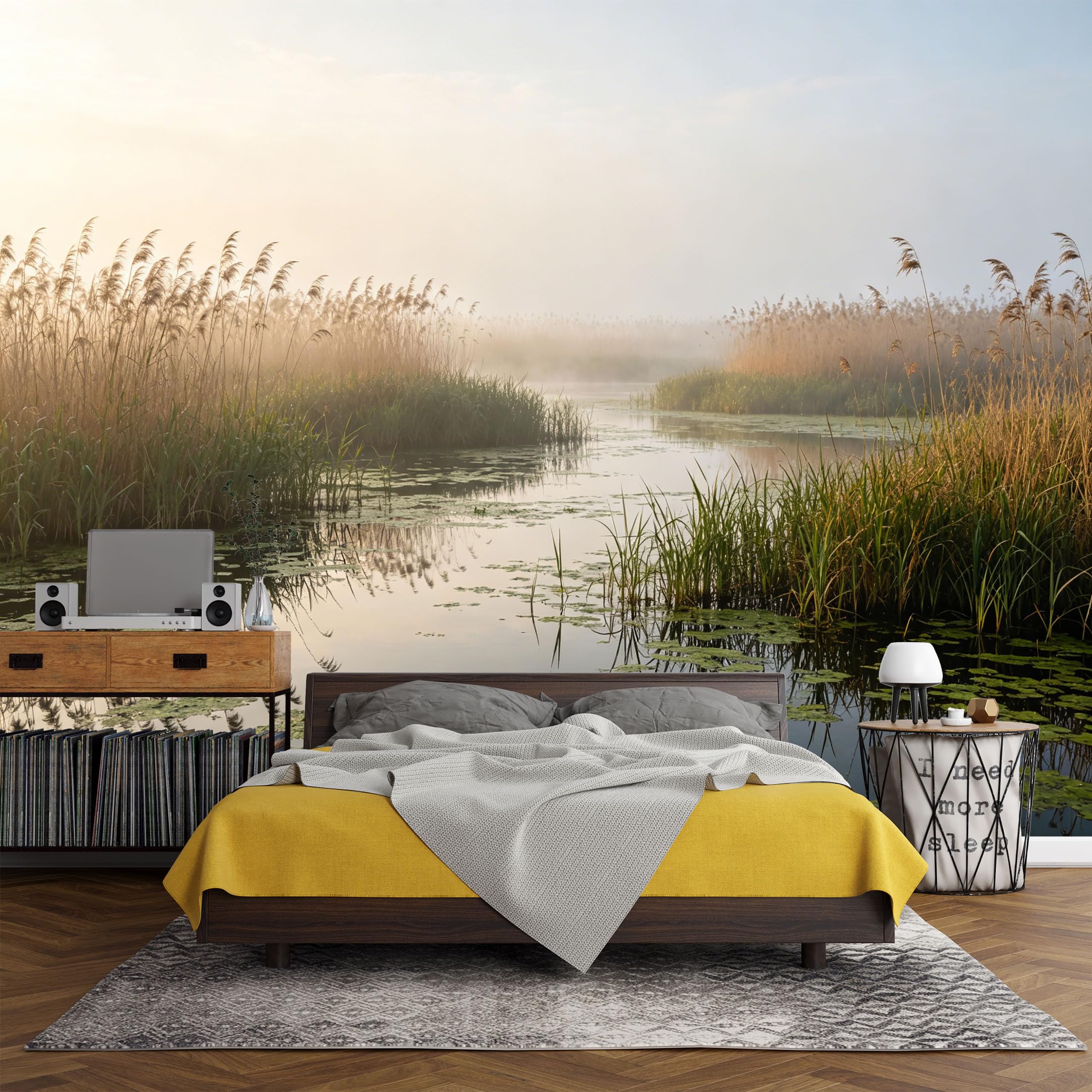 Custom Size Wall Mural， Landscape Misty Wetland Reeds Lake Reflection Sunrise， SelfAdhesive Art Prints wall Fabric (No PVC) Removable Wallpaper Living Room Decor