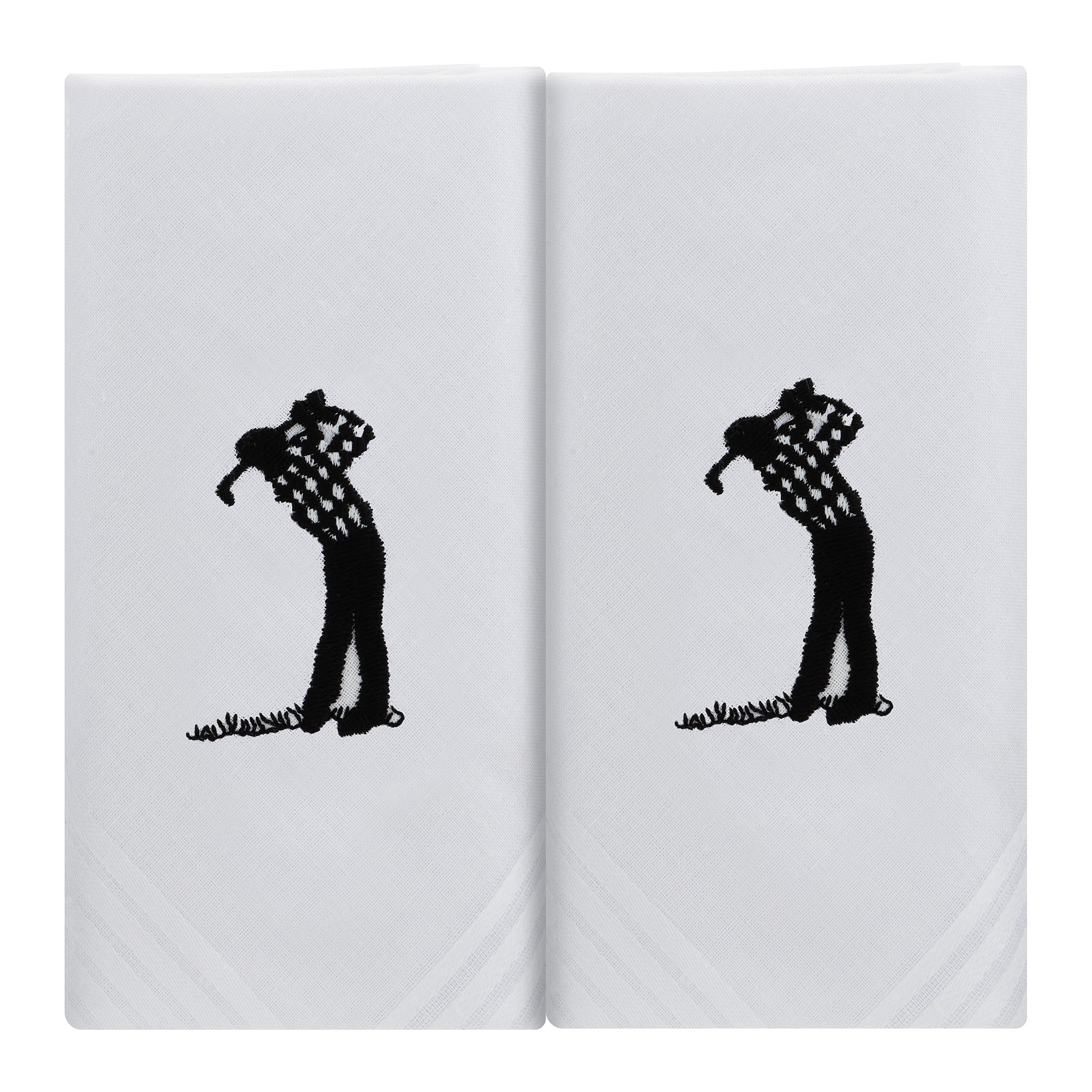 Box of 2 White Cotton Handkerchiefs Each Embroidered with a Golfer