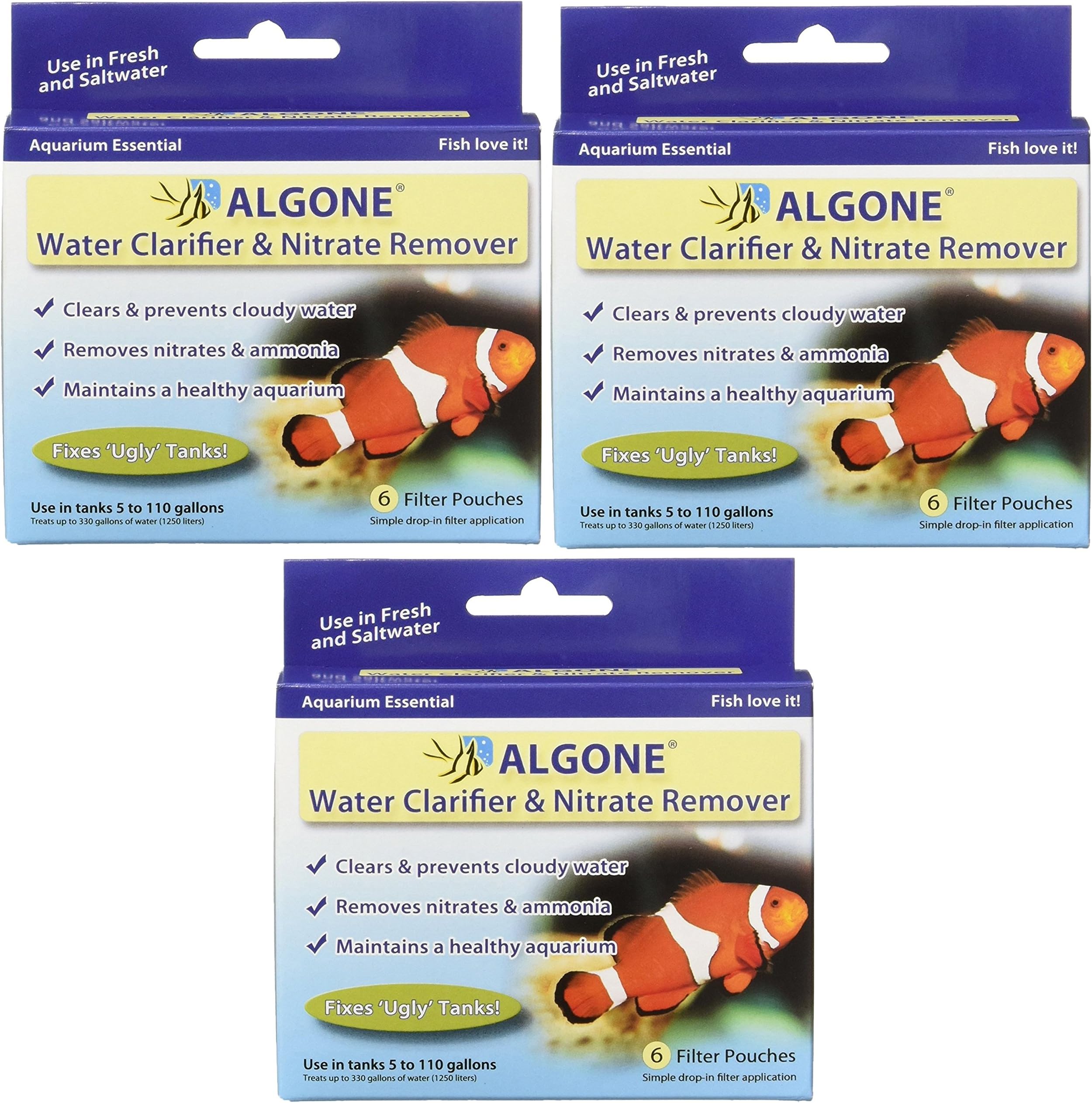 Algone Aquarium Water Clarifier and Nitrate Remover, 18 Filter Pouches (3 Packages with 6 per Package)