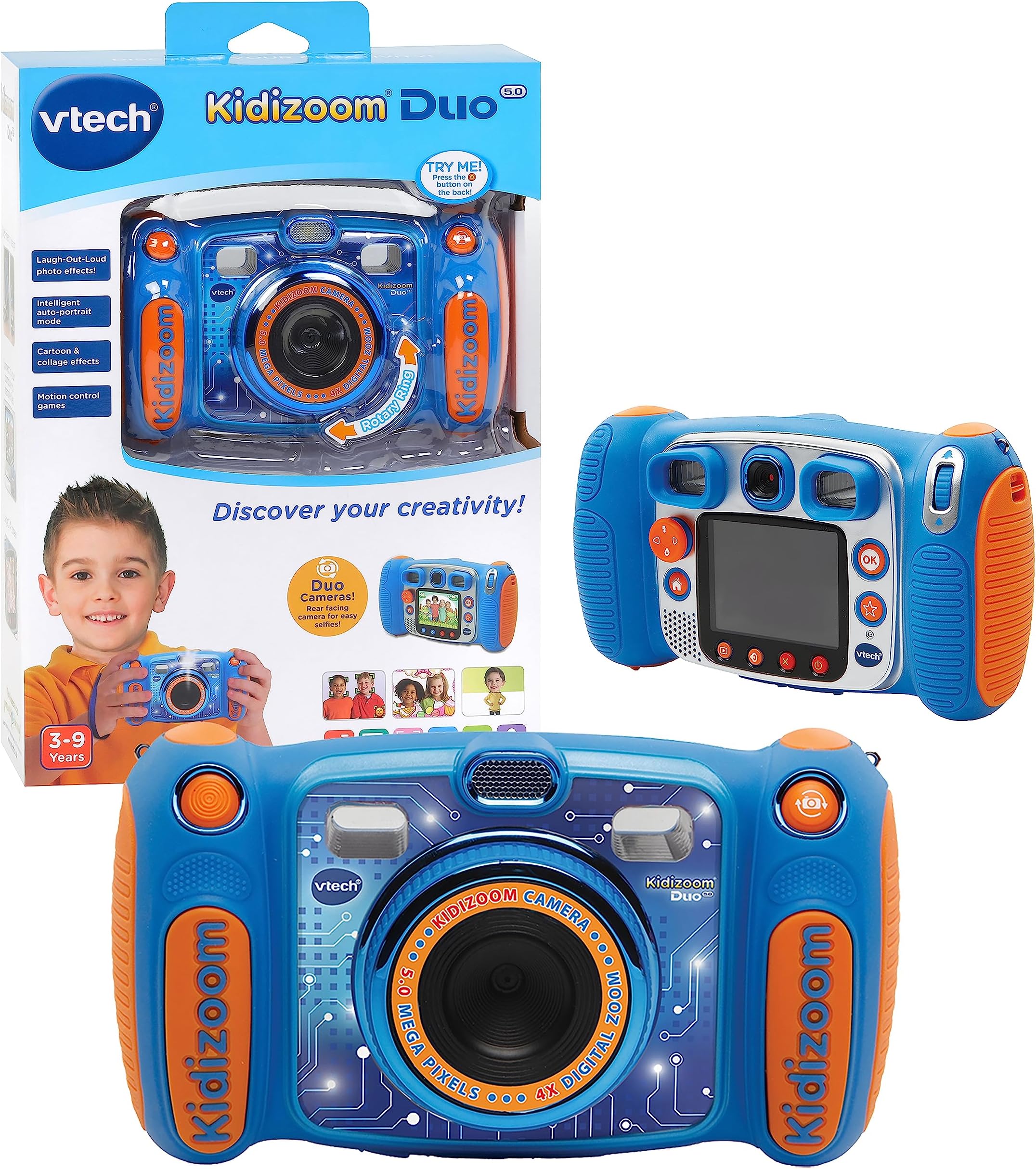 VTech Kidizoom Duo Camera 5.0 For Kids with Colour Display, 5MP, For Photos, Selfies & Videos, 4X Digital Zoom, Games, Photo Editing & Effects, for Infants aged 3, 4, 5, 6, 7 + years, Blue