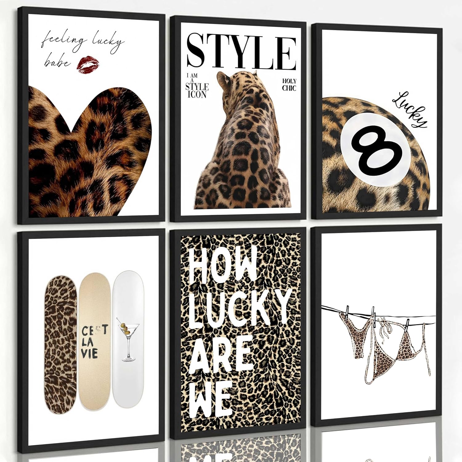 SMFARTJX 6Pcs Trendy Leopard Canvas Wall Art Funky Preppy Cheetah Lucky 8 Ball Aesthetic Painting Pictures Wall Decor Poster Printing Artwork for Girly Bedroom Apartment Dorm Unframed