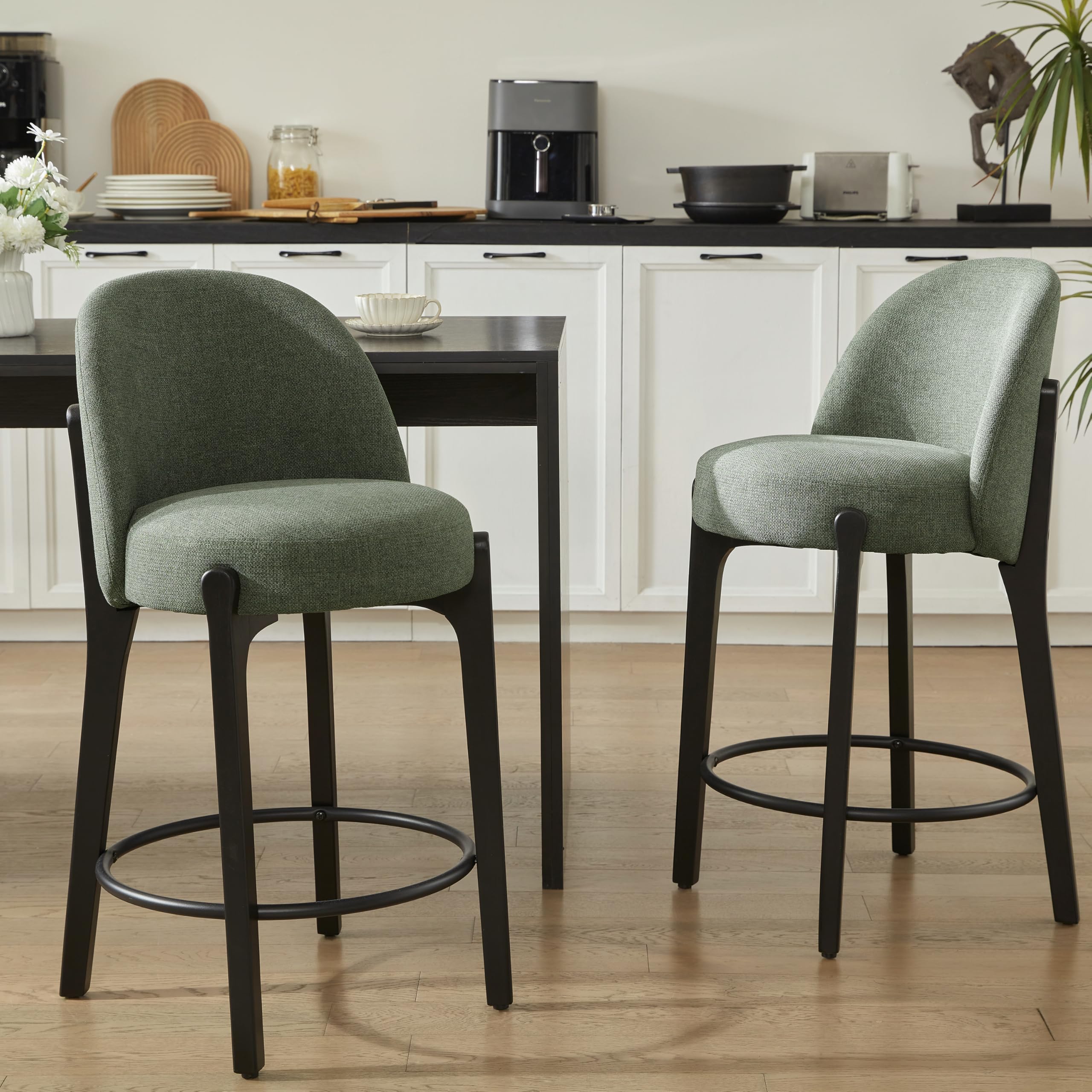 VKNOW 26 Inch Bar Stools Set of 2, Mid Century Modern Counter Height Bar Stools, Upholstered Counter Stools with Wood Legs for Kitchen Island Dining