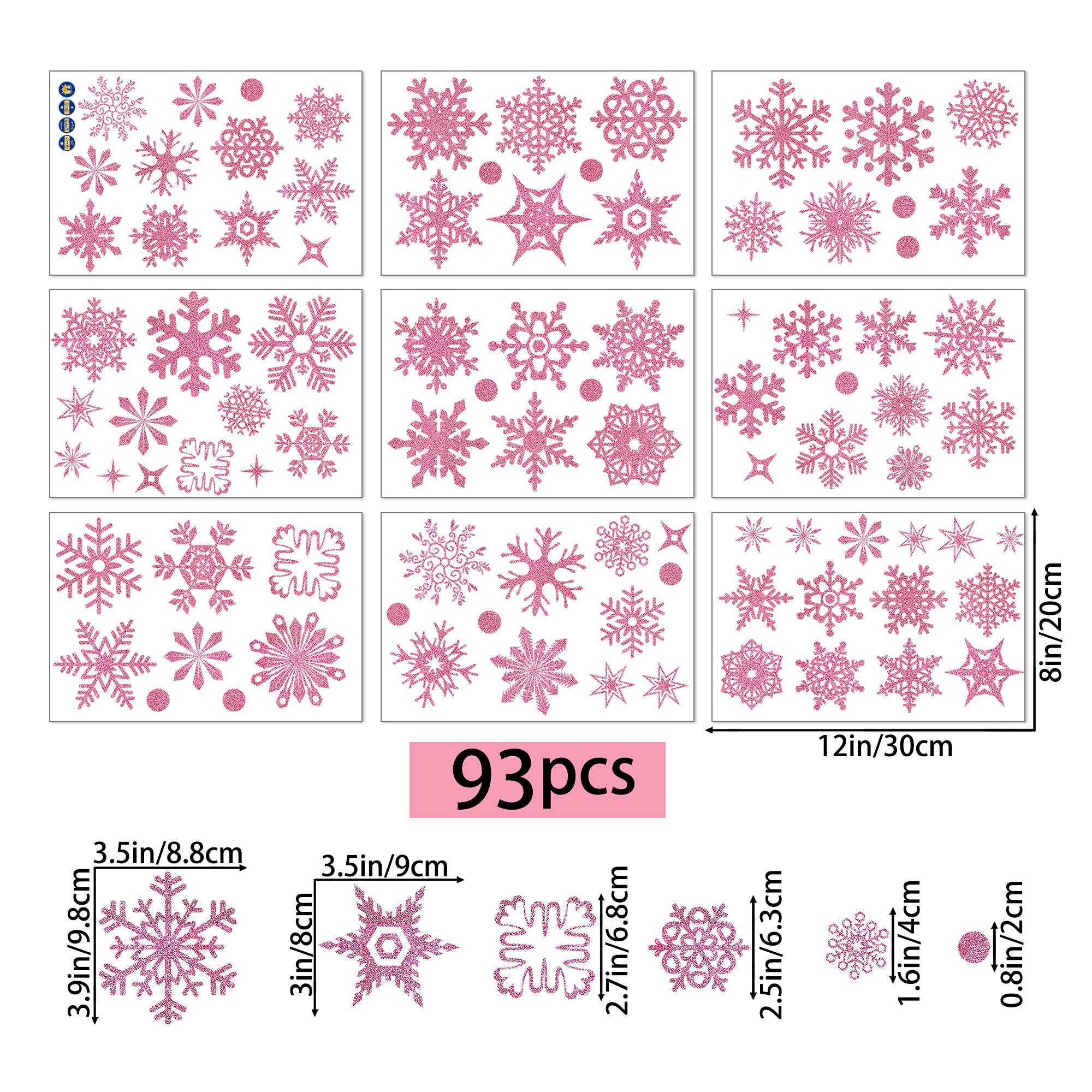 Amaonm Removable 9 Sheets Christmas Static Glitter Snowflake Window Decals Christmas Party Supplies Decoration Sticker Christmas Decor for Home Room Offices Supermarket Shop Window Glass Door (Pink)
