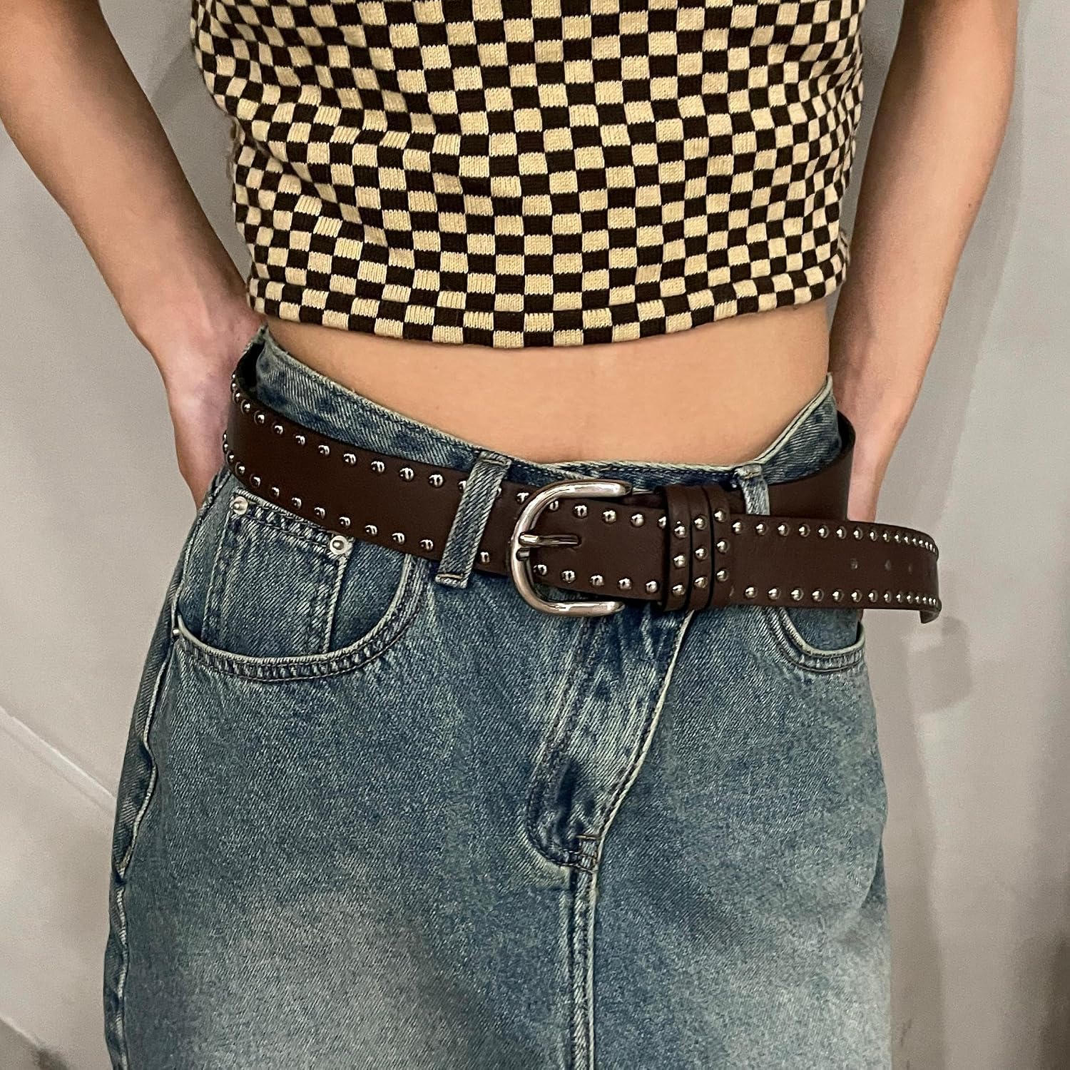 Western-Cowboy-Leather-Belts for Women Men Vintage Adjustable Studded Belt image 4