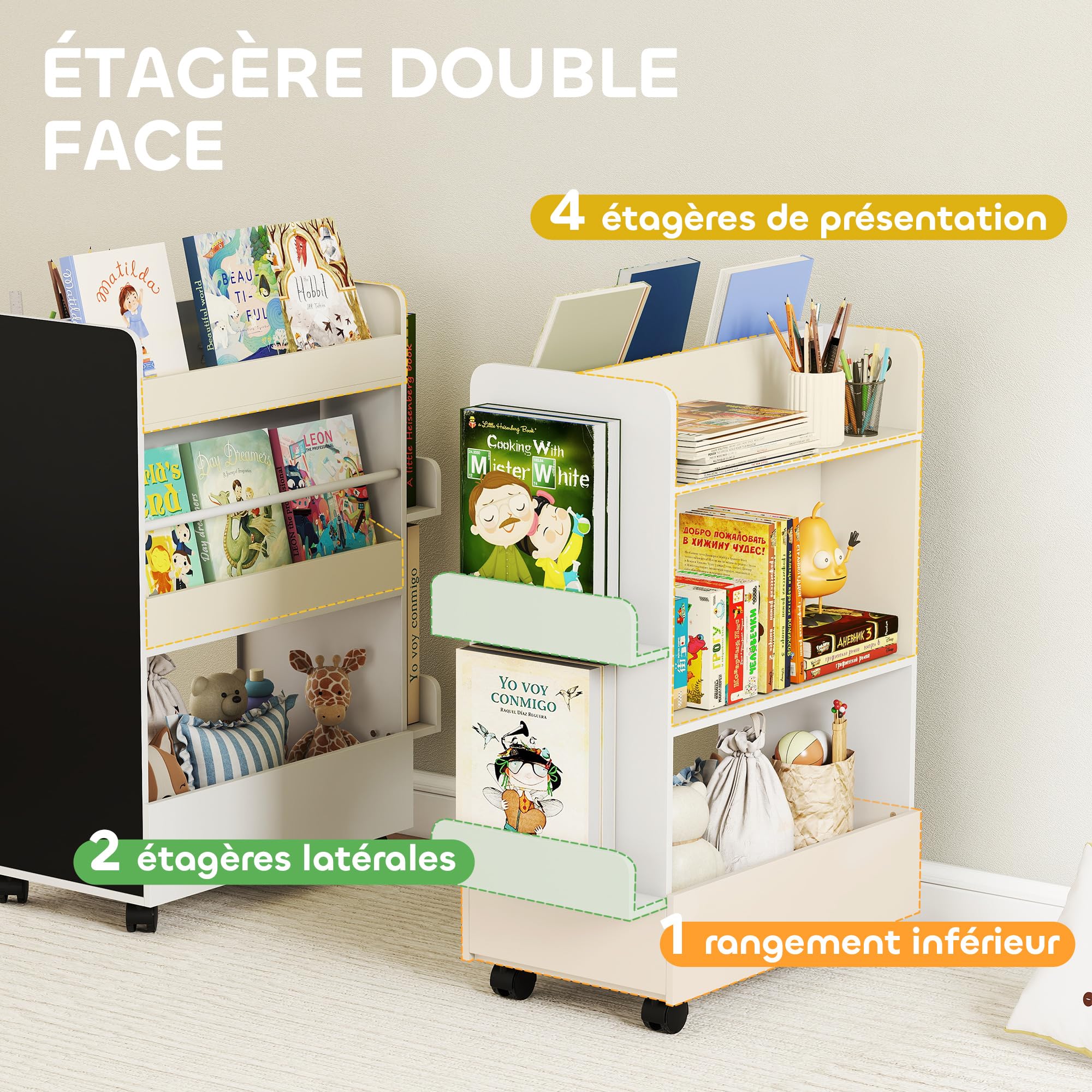 AIYAPLAY Bibliothèque pour Enfant 3 à 8 Ans avec roulettes, Rangement Livre Enfant avec Tableau Noir, Meuble de Rangement, pour Salle de Jeux, Blanc
