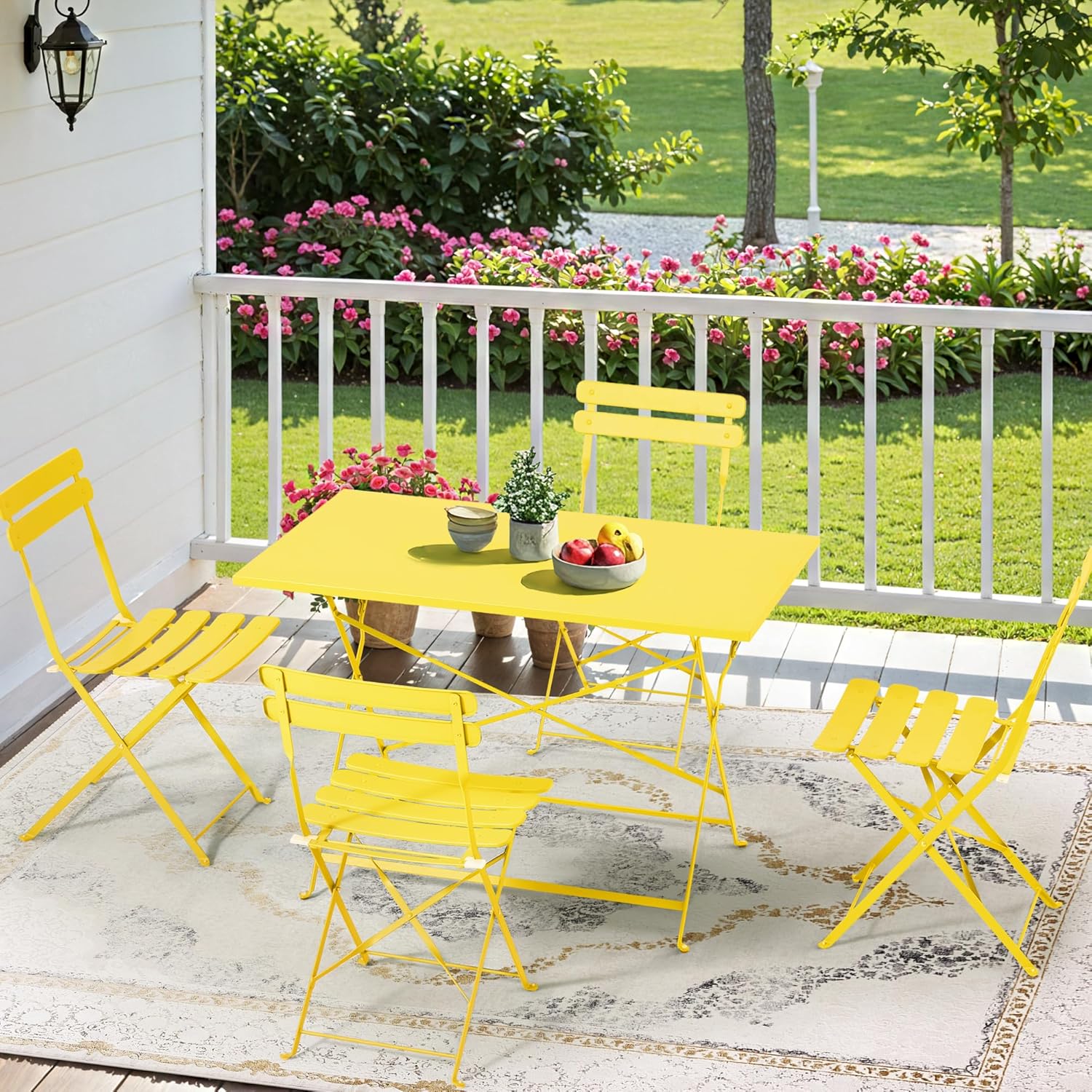 MELLCOM 5-Piece Foldable Patio Dining Set with Rectangular Table and Chairs, Weather-Resistant Iron Outdoor Dining Set for 4 People, Outdoor Table and Chairs for Patio, Yard, Indoor, Yellow