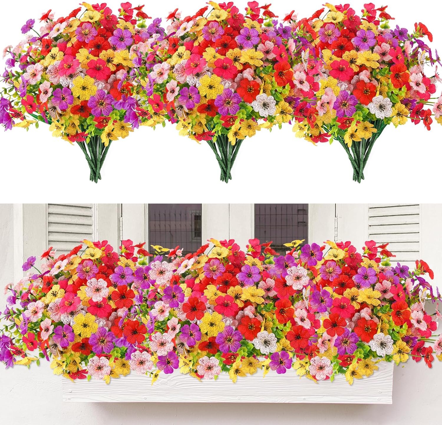 MACTING Artificial Flowers for Outdoors 12 Bundles Faux Outdoor Plants UV Resistant Fake Plastic Flowers No Fade for Planters Patio Porch Garden Home Indoor Outside Summer Decorations(Mix Color-2)