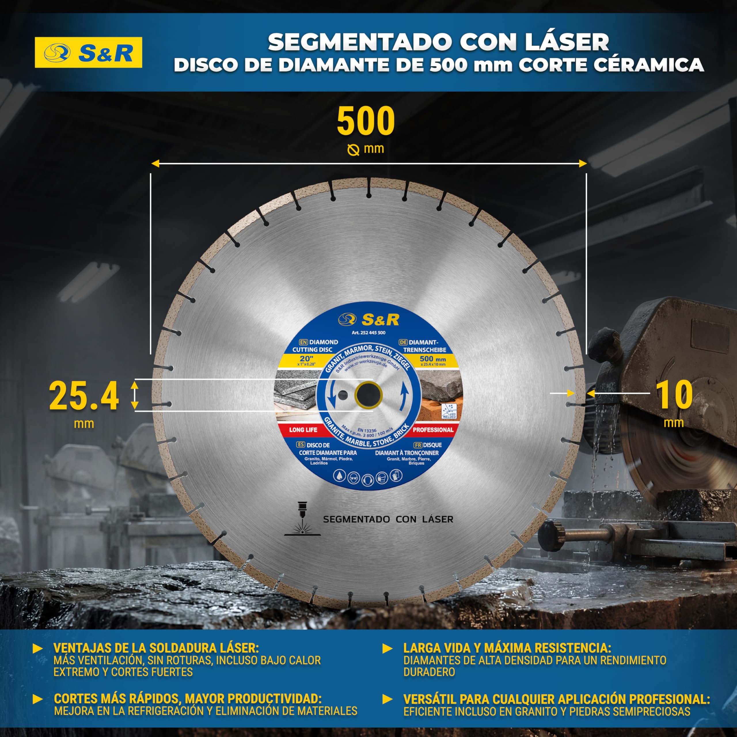 S&R Disco de corte de diamante de 500 x 25,4 mm, soldado con láser, calidad industrial, doble vida útil en piedra natural, piedra artificial, mármol, granito, ladrillo, para motosierras de mesa, etc