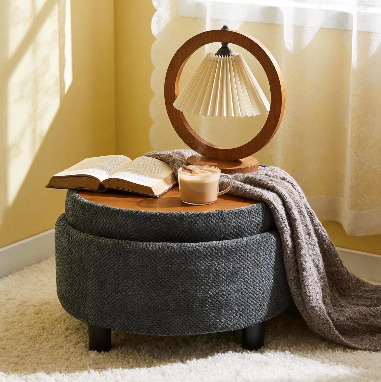 25'' Round Storage Ottoman with Reversible Tray Lid, Tufted Footrest Stool with Hidden Storage, Couch Side Table for Low Tea (Dark Grey)