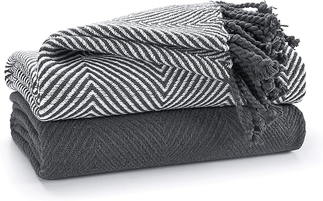 EHC Luxury Pack of 2 Chevron Cotton Single Sofa Throw Blanket, 125x 150cms - Grey