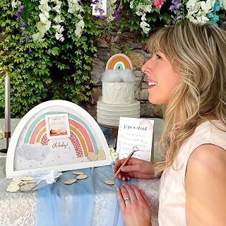 Boho Baby Shower Guest Book Alternative Rainbow Frame with 30 Wooden Clouds by Kate Aspen, Frame for Sonogram Picture, Rainbow Baby Shower Decorations & Keepsake, Nursery Decor