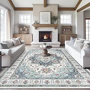 Madane Washable Rug 8x10 Area Rugs for Living Room, Ultra-Thin Non-Slip Backing Rug, Stain Resistant Vintage Large Area Rug for Bedroom (Blue, 8'x10')
