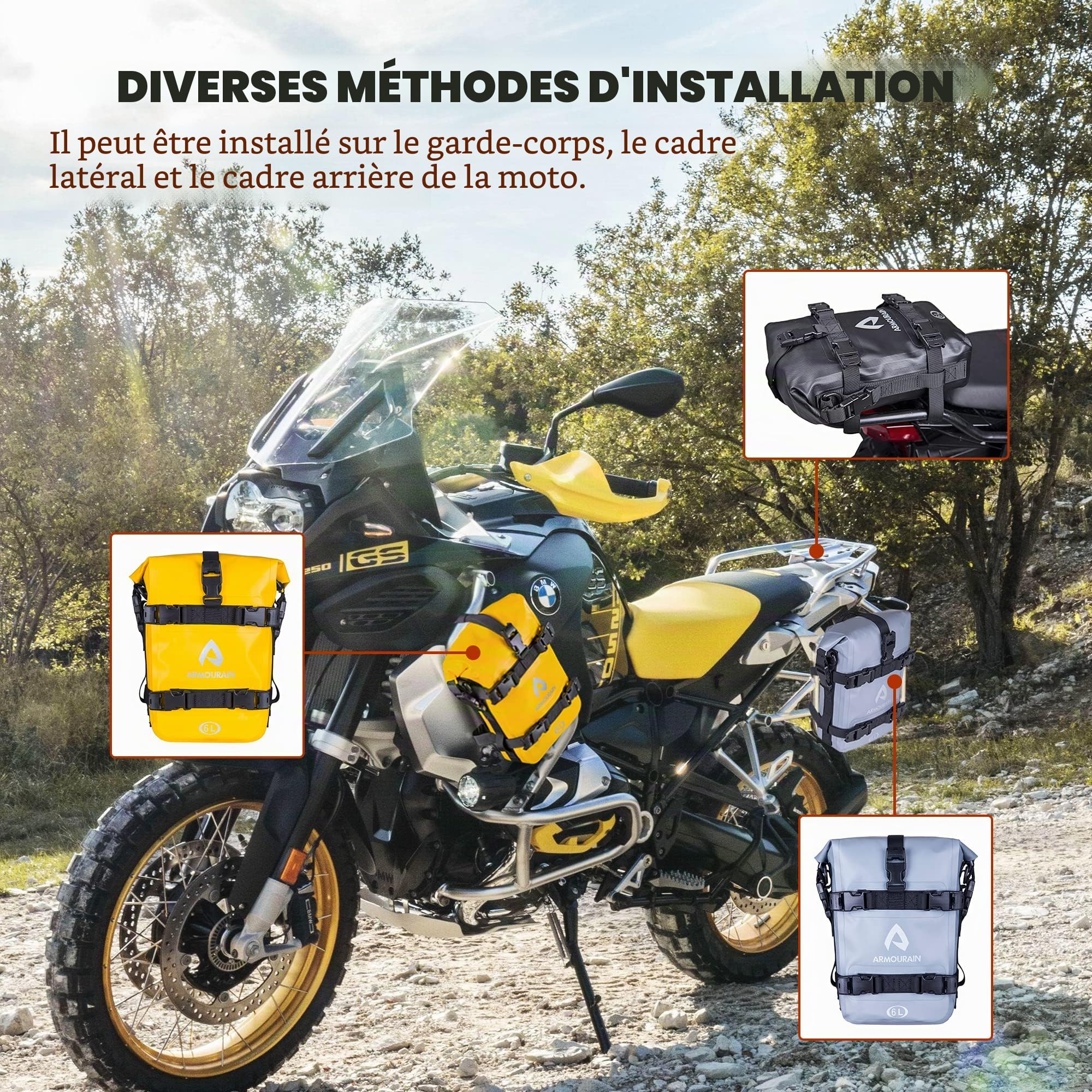 Sacoche de barre anti-collision pour moto 2 PIÈCES Sacoche de queue pour moto Sacoches pare-chocs pour moto Sacoche latérale en PVC impermétable pour cadre de montage en PVC pour la plupart