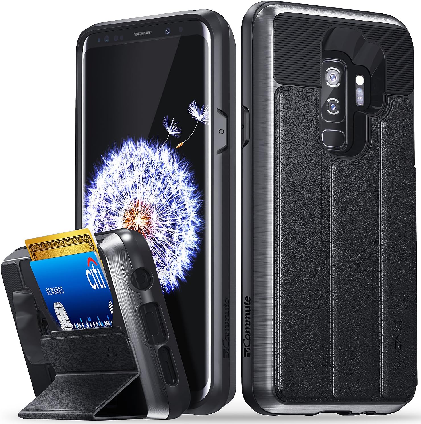 Vena Galaxy S9 Plus Wallet Case, [vCommute][Military Grade Drop Protection] Flip Leather Cover Card Slot Holder with KickStand for Samsung Galaxy S9+ Plus (Space Gray/Black)