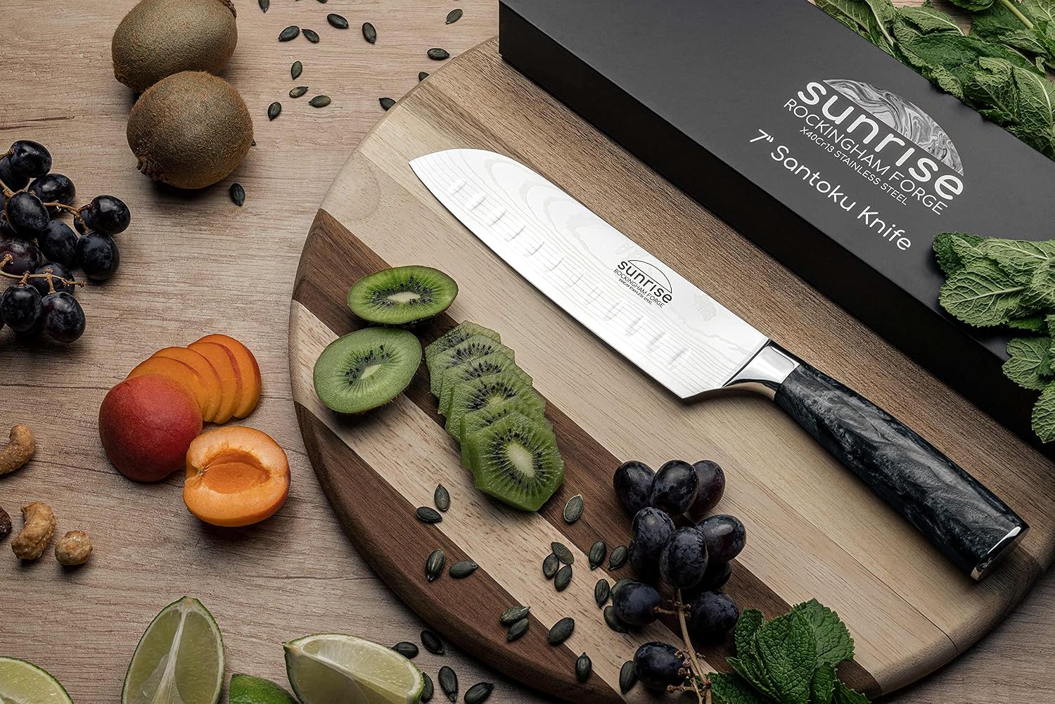 Rockingham Forge Sunrise Collection 7" Santoku Knife, Stainless Steel with Resin Handles, Jet Black
