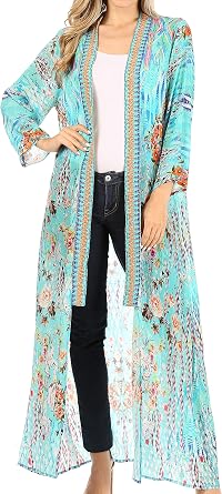 Sakkas Iona Womens Casual Boho Long Kimono Cardigan Open Front Floral Print Loose