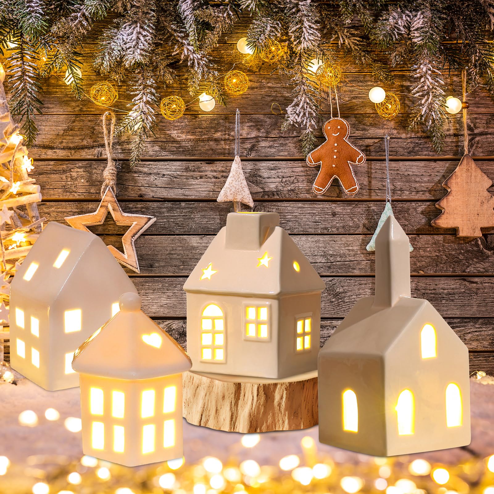 Weihnachtsdeko Porzellan Häuser Weiß, Weihnachtshaus Beleuchtet Lichthaus Keramik, Lichthaus Weiss Weihnachtsdorf Mit Batteriebetriebenen