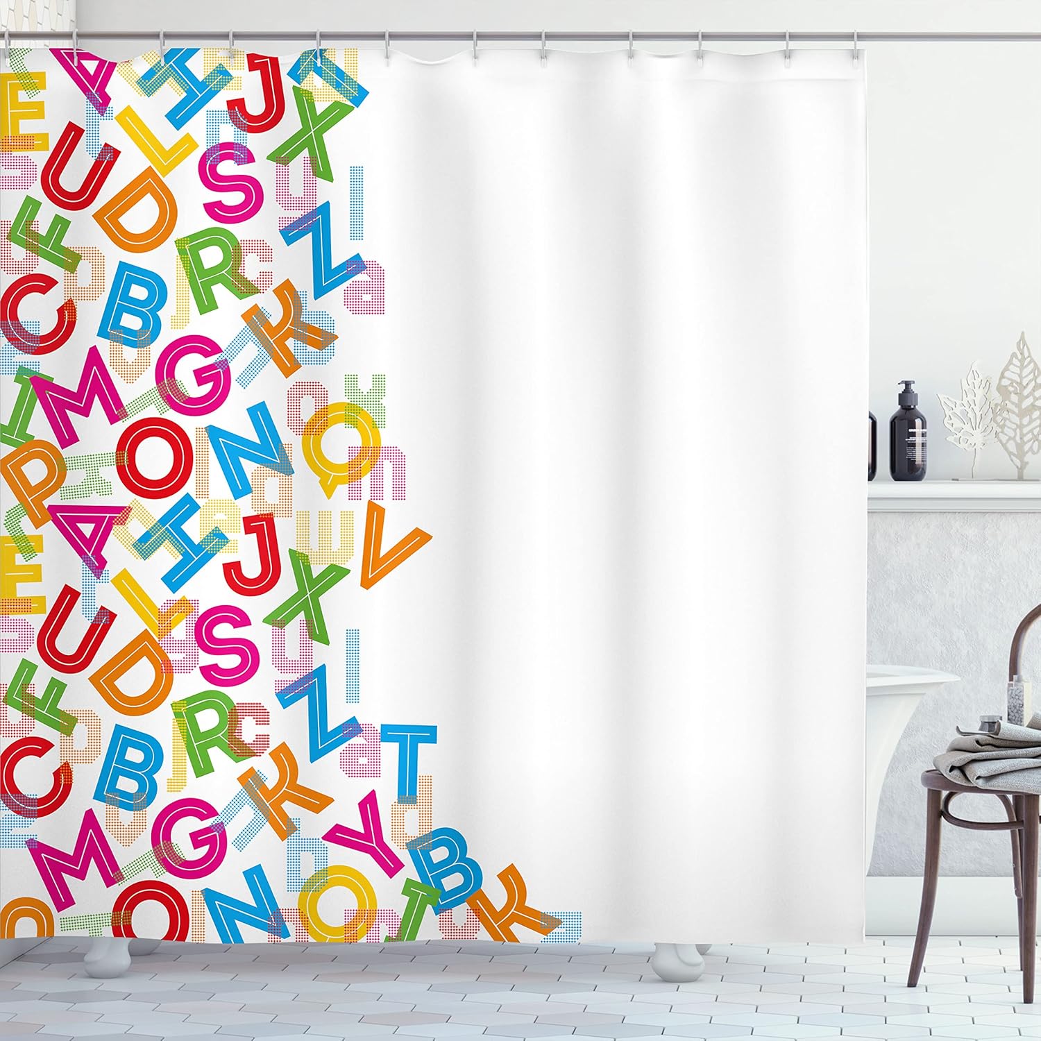 Ambesonne Colorful Shower Curtain, Alphabet Background Design with Letter Words Literature Textured Fun Print, Cloth Fabric Bathroom Decor Set with Hooks, 69" W x 70" L, Multicolor White