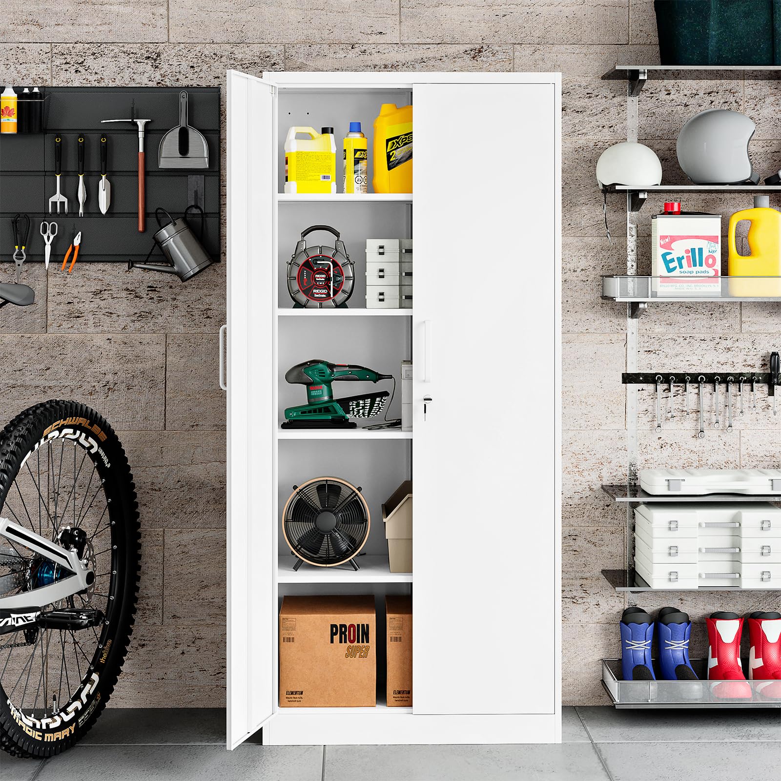 Sightlife Armadio Ufficio in Metallo a 5 Ripiani con 2 Ante, Armadio Garage con Serratura a Chiave, Ripiani Regolabili, L78 x P39 x A170 cm (bianca, 78_x_170_cm)