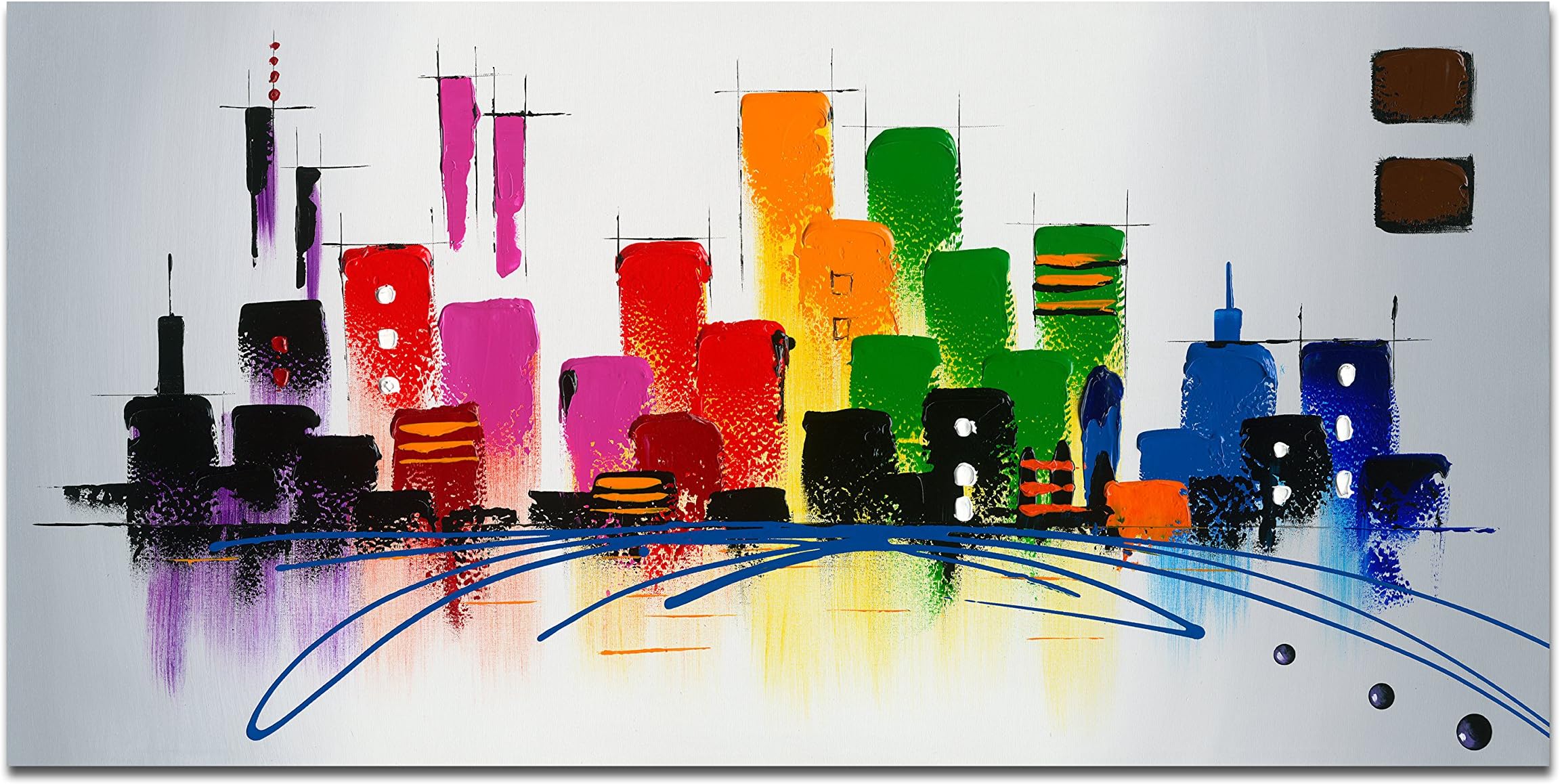 Wieco Art Modern City Skyline Oil Paintings on Canvas Wall Art Ready to Hang for Kitchen Bathroom Home Decor Large 100% Hand Painted Stretched and Framed Colorful Impressionist Landscape Artwork L