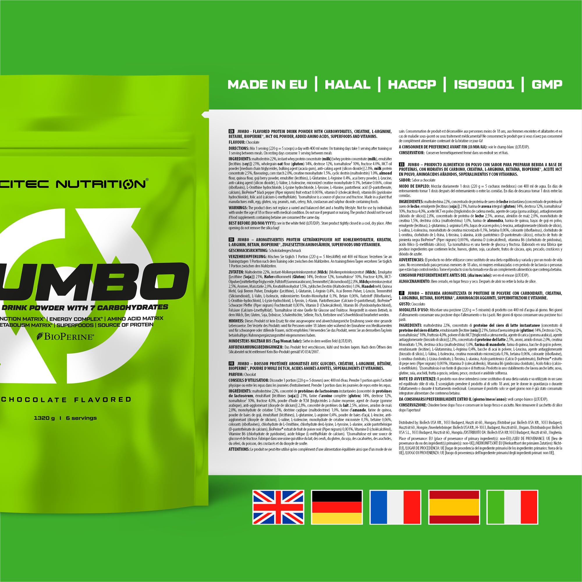 Scitec Nutrition Jumbo - Integratore di peso ad alto contenuto calorico - con proteine multicomponenti - matrice di aminoacidi - matrice metabolica - miscela di superalimenti, 1,32 kg, Cioccolato