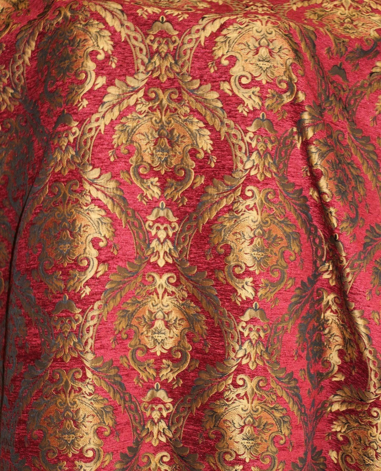Damask Tapestry Chenille Fabric - Upholstery Fabric, 60" Width - Sold BTY (D.Red/Gold)