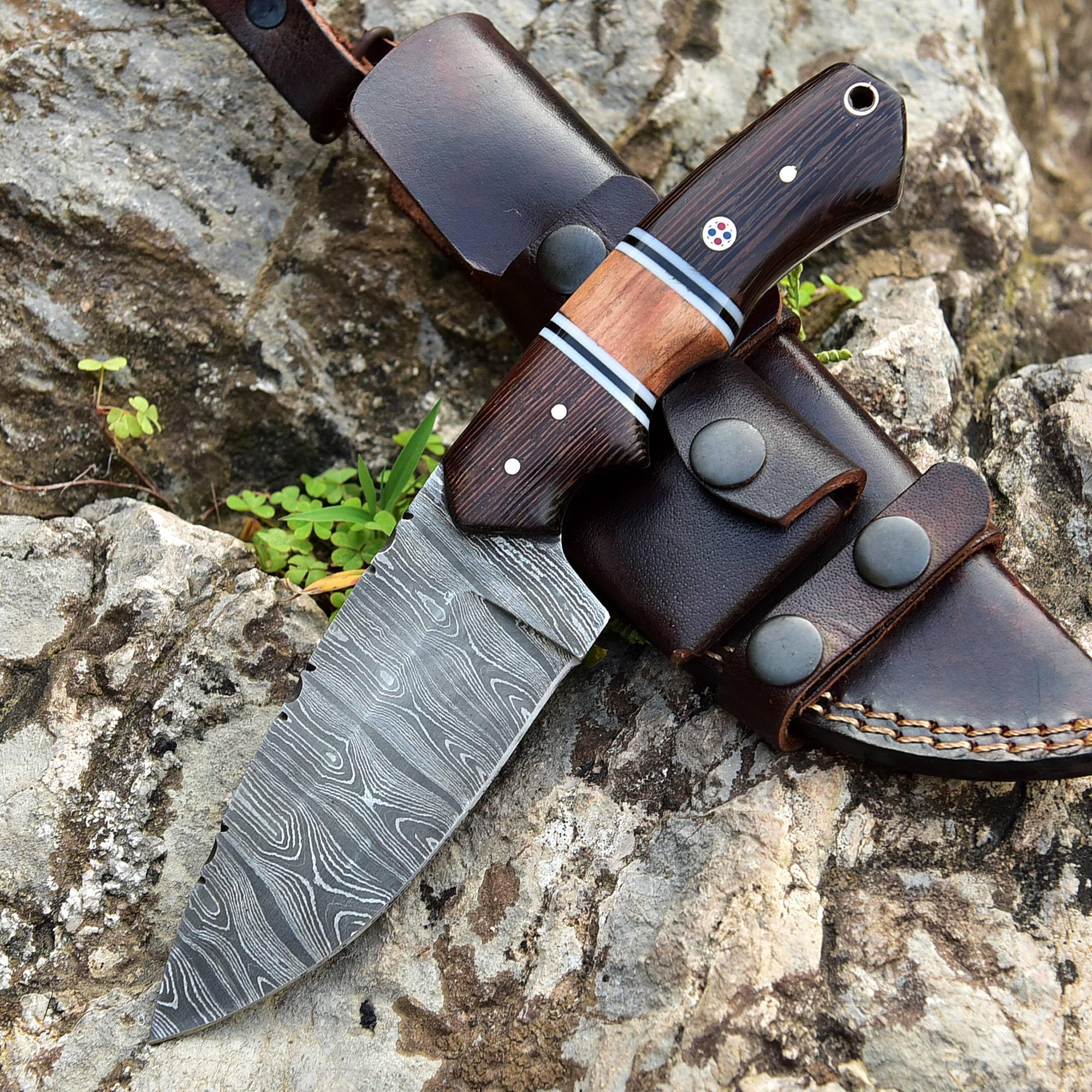 AA Knives 10 Inch Handmade Damascus Steel Fixed Blade Hunting knife with Leather Sheath – Perfect for Hunting, Outdoor and Survival with Wenge Wood & Olive Wood Handle