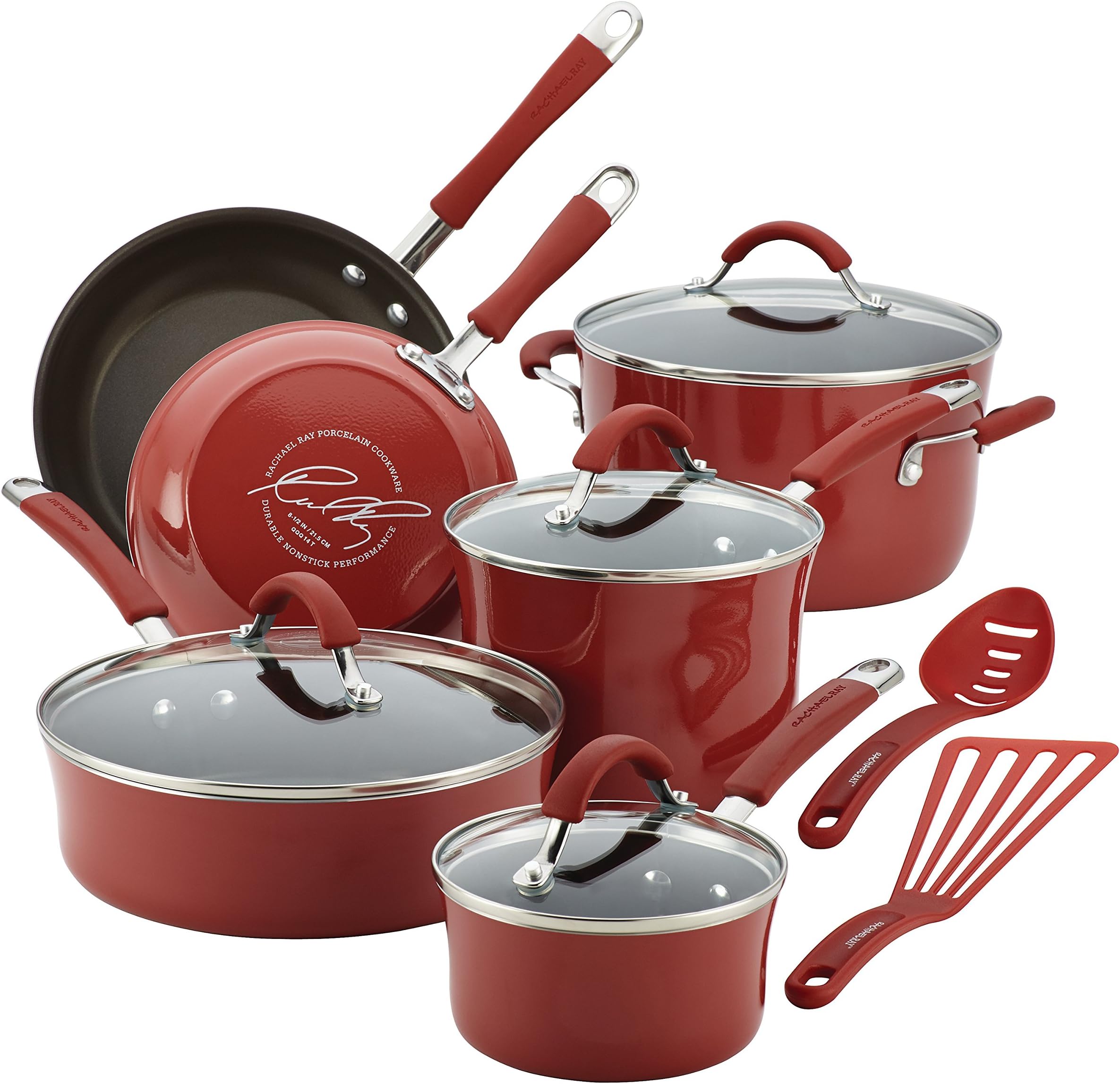 Rachael RayCucina Nonstick Cookware Pots and Pans Set, 12 Piece, Cranberry Red