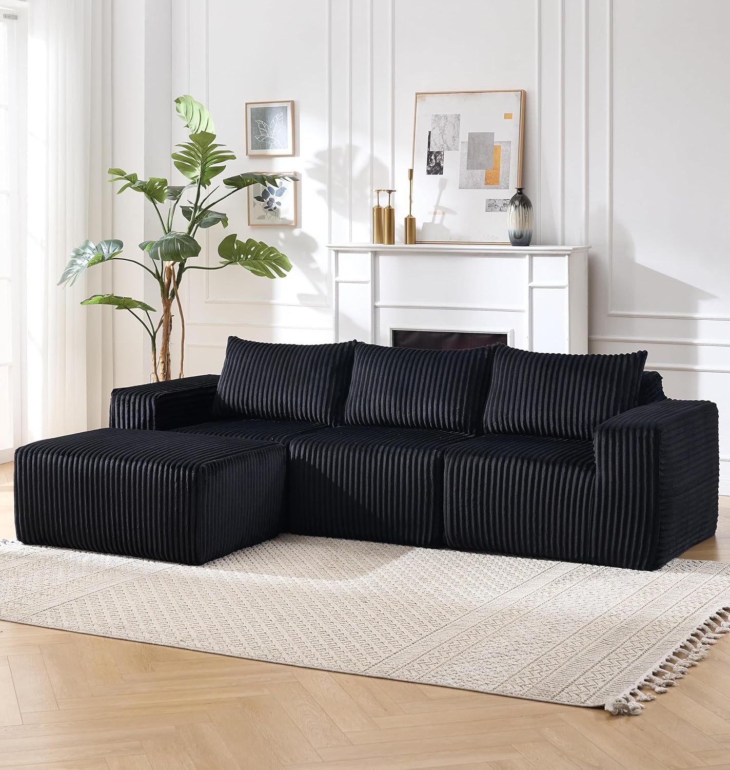 Modern L-Shaped Sectional Sofa for Living Room,Corduroy Upholstery,Modular Chaise Couch with Ottoman Ottoman,rearrangeable Boneless Floor Sofa Set (Black)