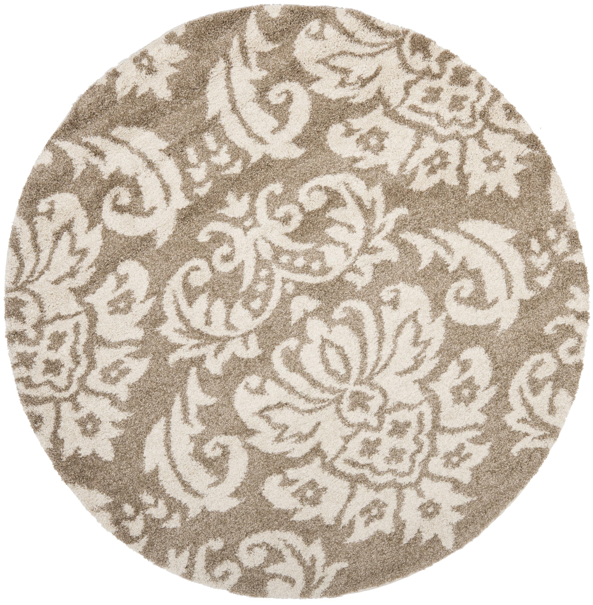 Florida Shag Collection Area Rug - 6'7" Round, Beige & Cream, Damask Design, Non-Shedding & Easy Care, 1.2-inch Thick Ideal for High Traffic Areas in Living Room, Bedroom (SG460-1311)