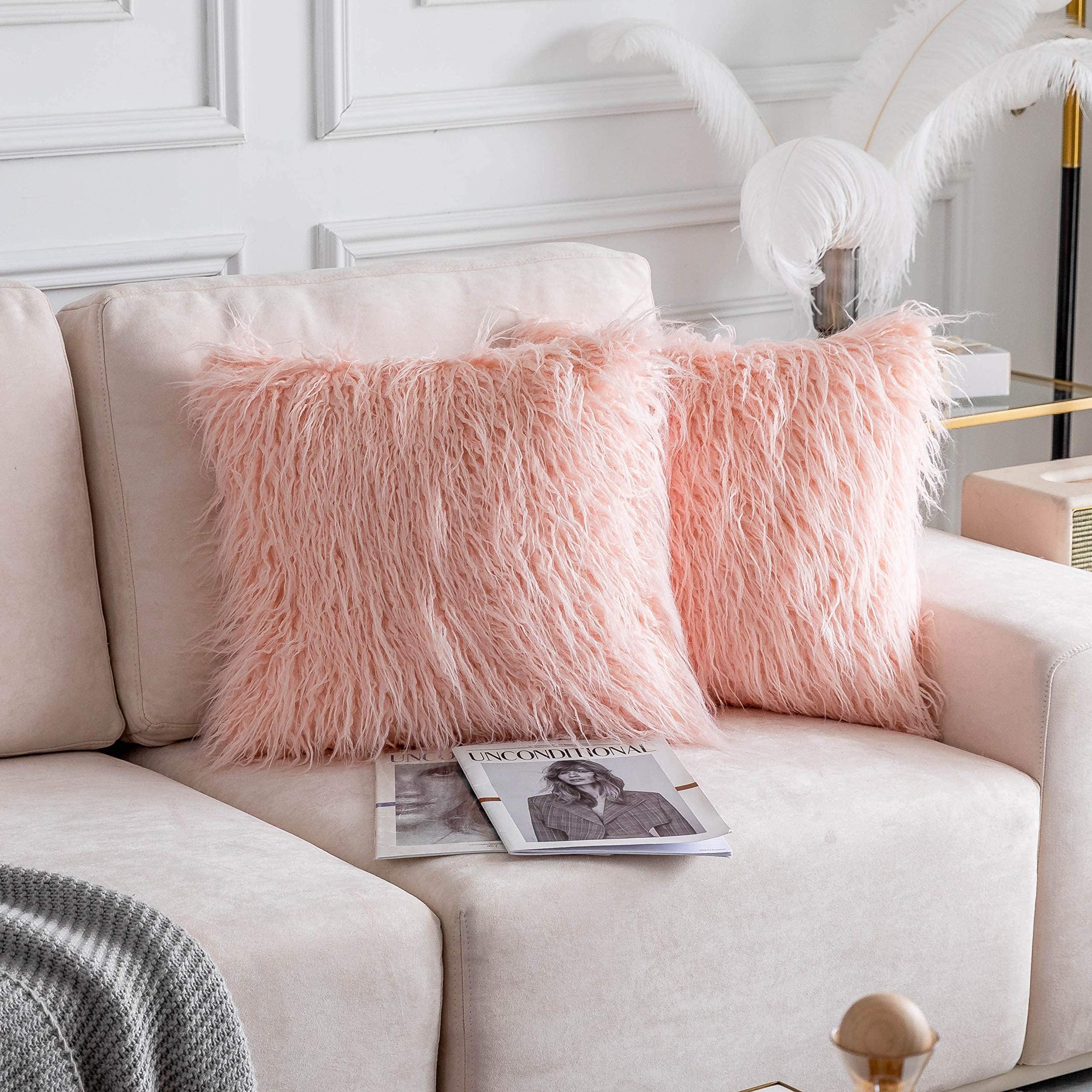 Home Brilliant Blush Pink Pillow Covers 18x18 Pillow Cover Faux Fur Throw Pillow Covers Fuzzy Fluffy Pillows Accent Throw Pillows for Couch Room Girl, Set of 2, 18 X 18 Inch, Pink