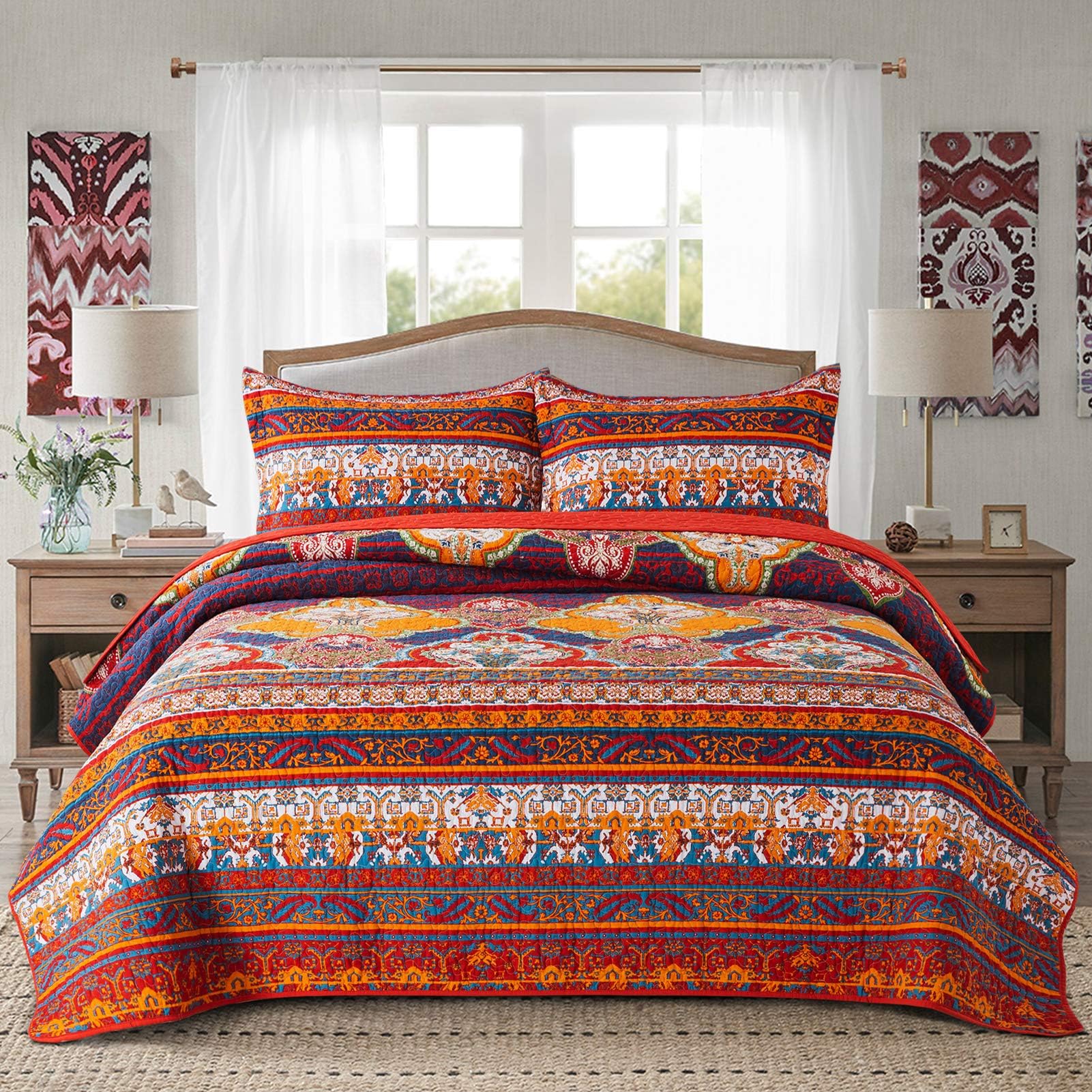 Amazon.com: HNNSI Exotic Bohemian Quilt Sets King Size 3 Pieces, Comfy Cotton Striped Patchwork ...