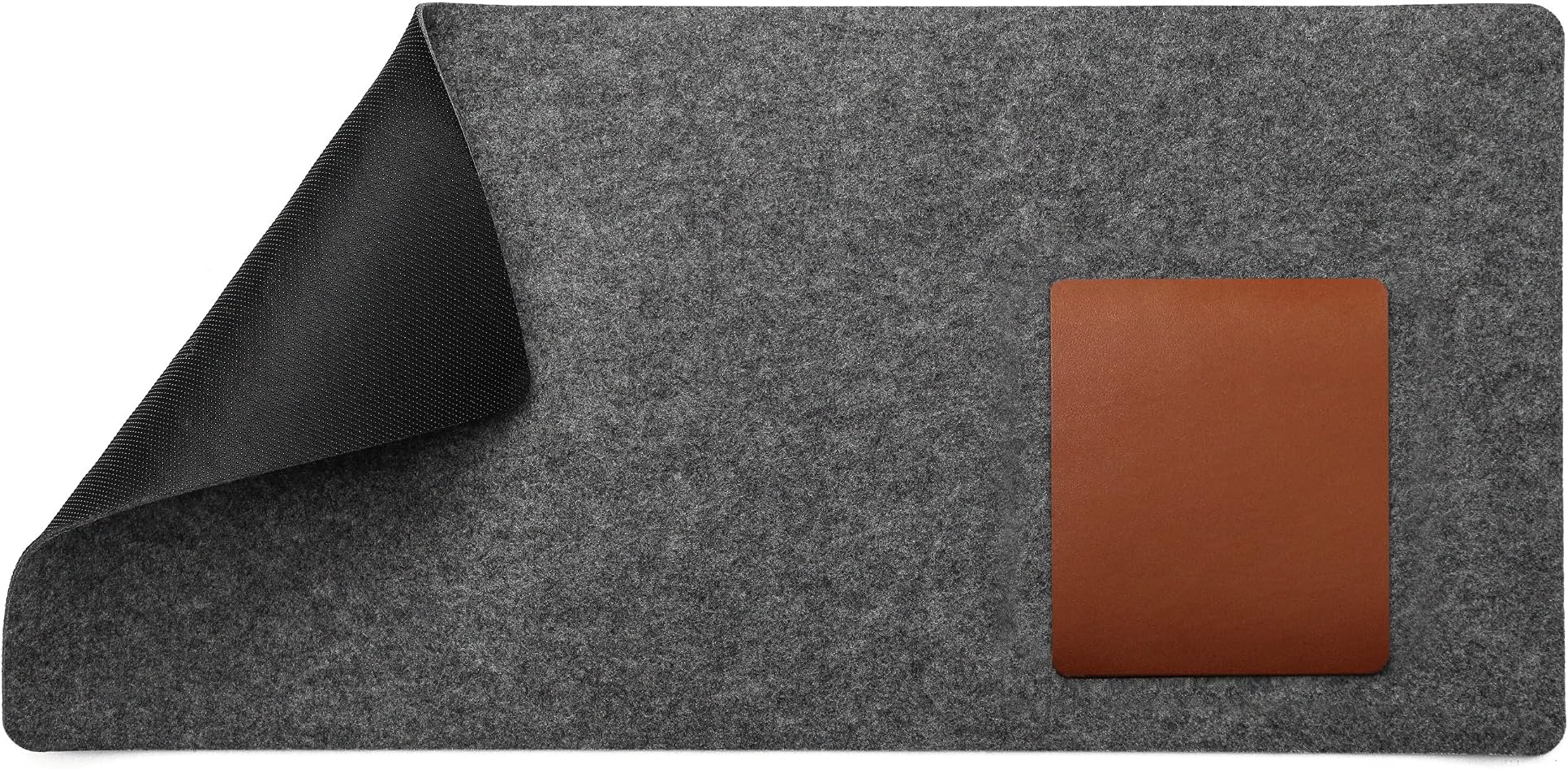 Large Anti-Slip Felt Desk Mat 35 x 17 Inches with PU Leather Mouse Pad 9 x 7.5 Inches | Non-Slip Desk Pad for Home and Office Decor | Grey