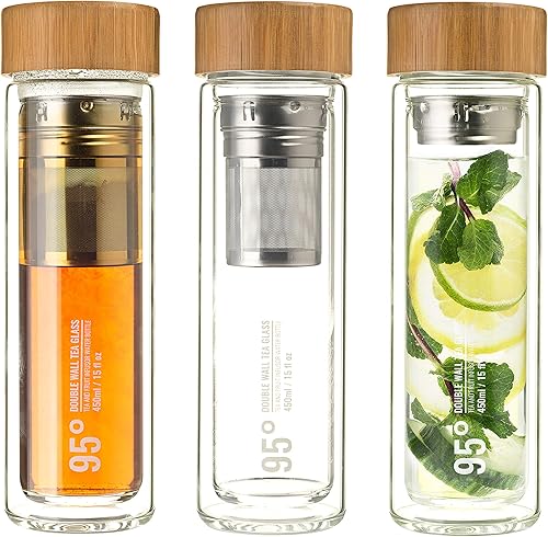 Miniatura 3 de 95° Botella de té de vidrio de doble pared con infusor de acero inoxidable extraíble, libre de BPA y BPS, vaso de viaje aislado y a prueba de fugas